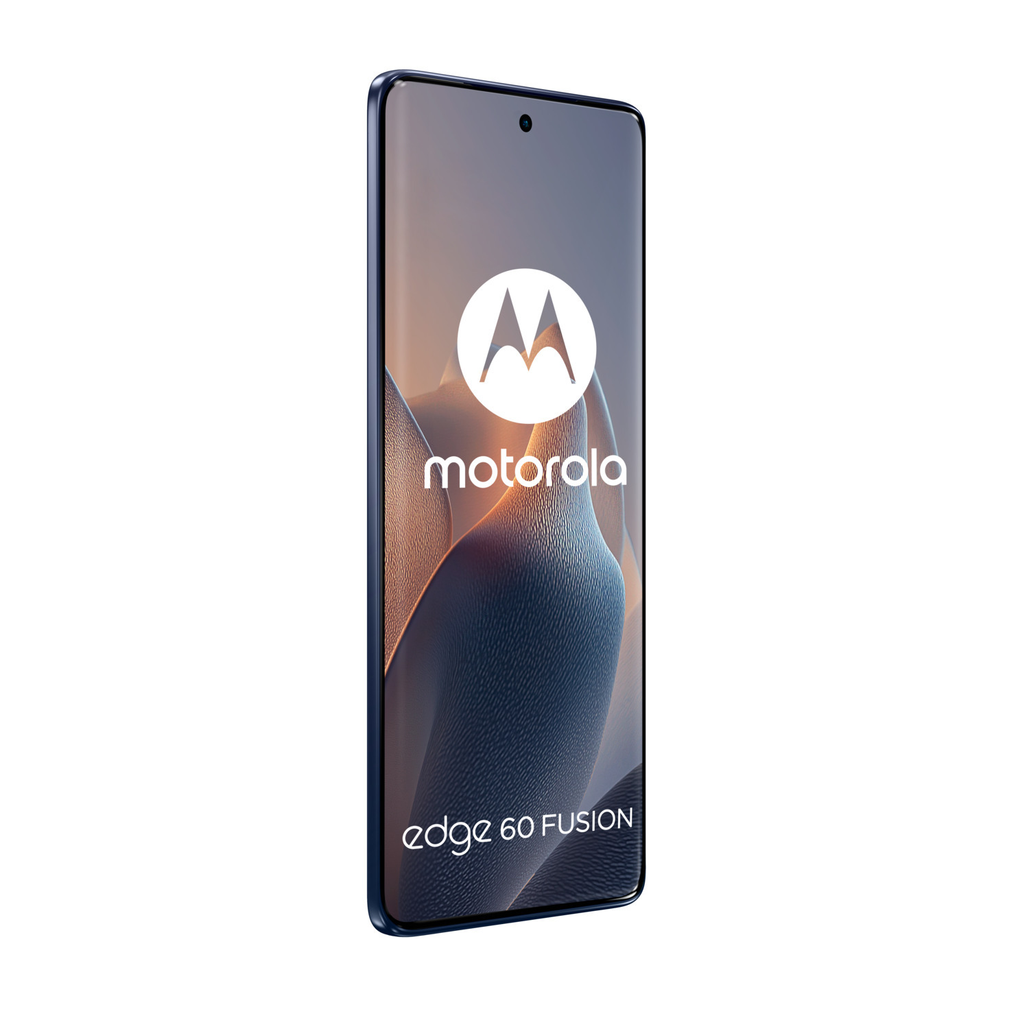 Motorola Edge 60 Fusion Smartphone, blau, schräge Ansicht auf weißem Hintergrund.