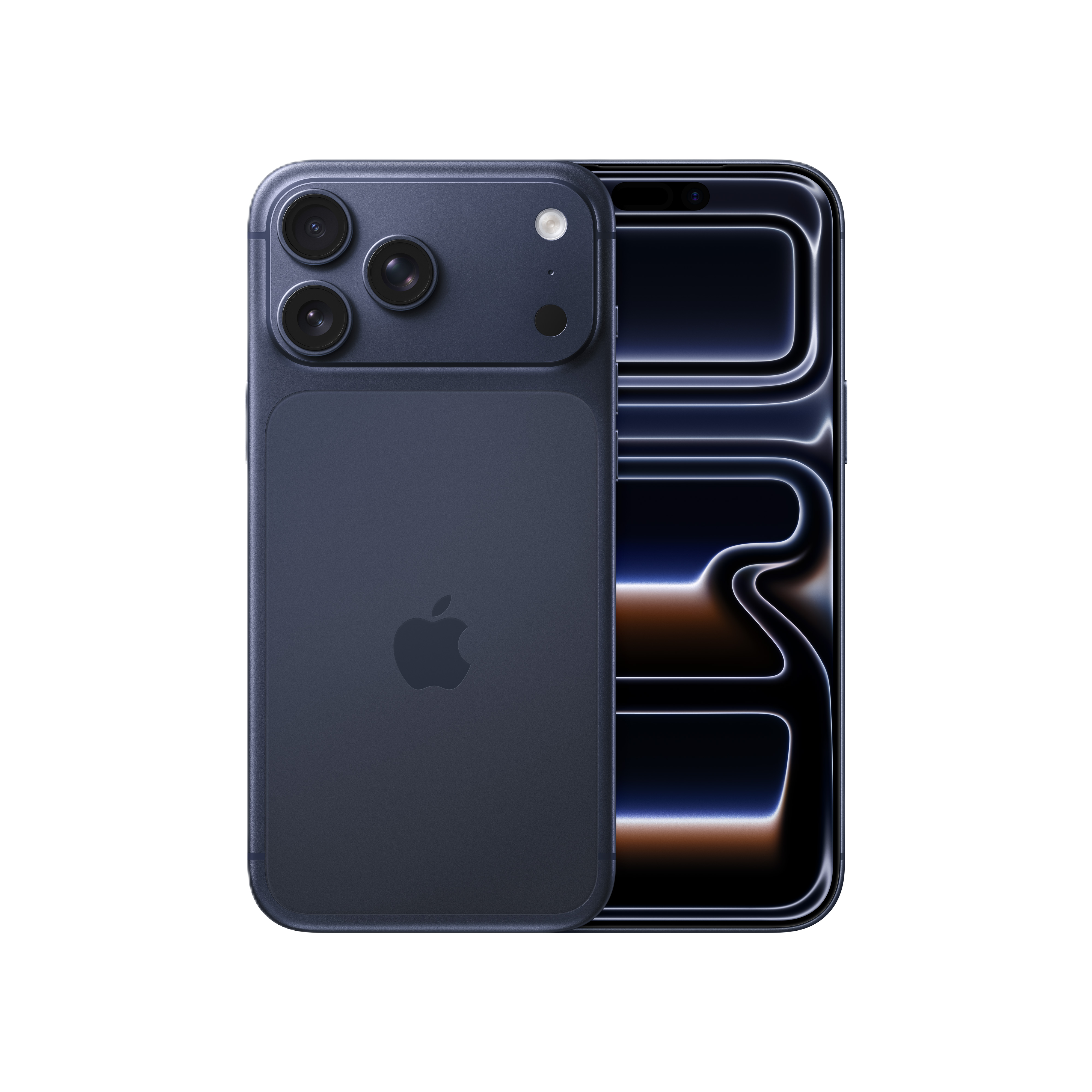 Dunkelblaues iPhone, Rückseite, mit drei Kameras. Der Bildschirm zeigt ein leuchtendes, abstraktes Design auf schwarzem Grund.