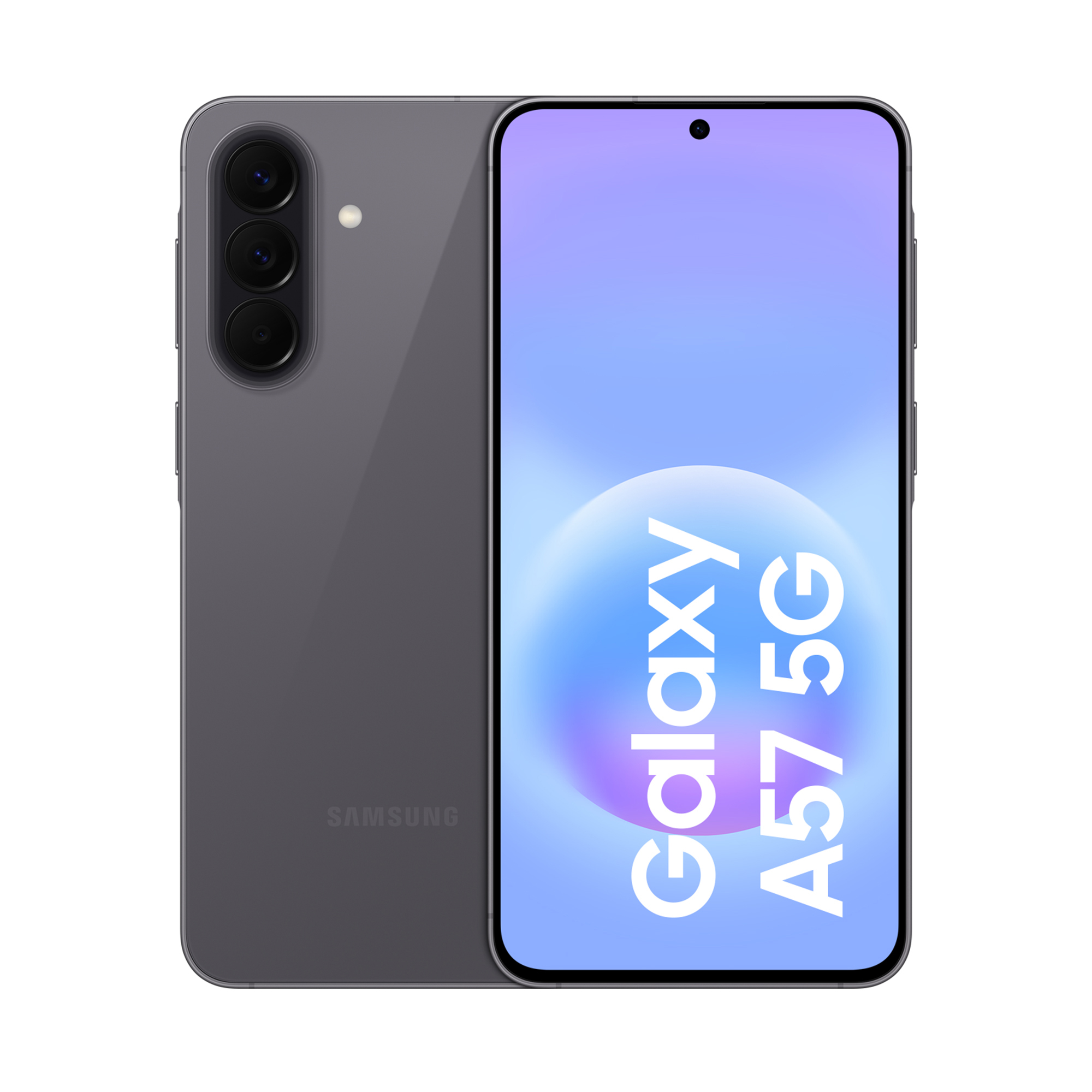 Graues Samsung Galaxy A57 5G Smartphone mit drei Kameras und leuchtendem Bildschirm.