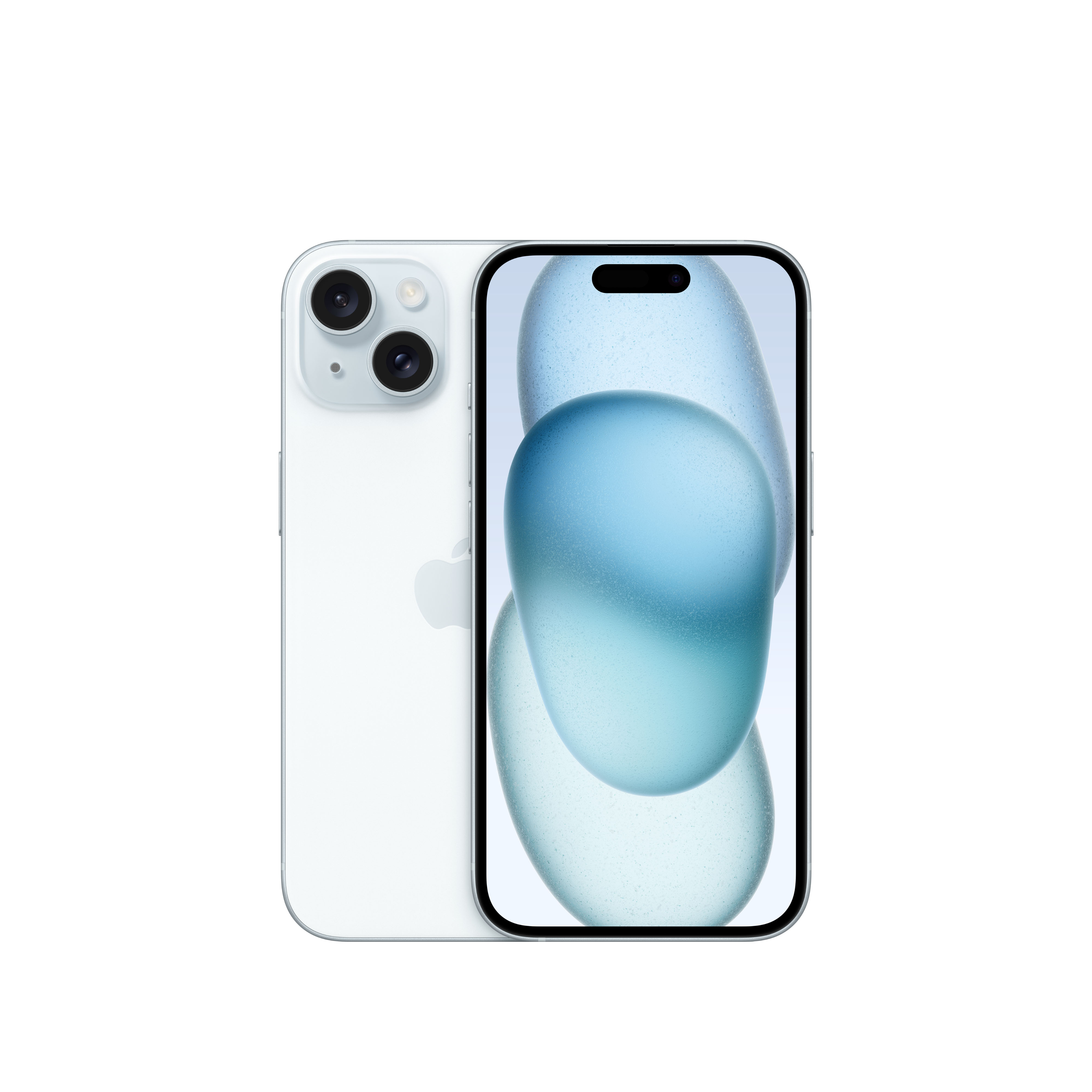 Ein weißes iPhone mit Dual-Kamera und einem Bildschirm mit abstrakten blauen Formen.