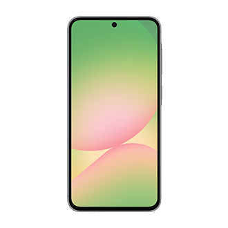 Smartphone mit grün-pinkem Farbverlauf-Bildschirm, silbernem Rahmen und Frontkamera.