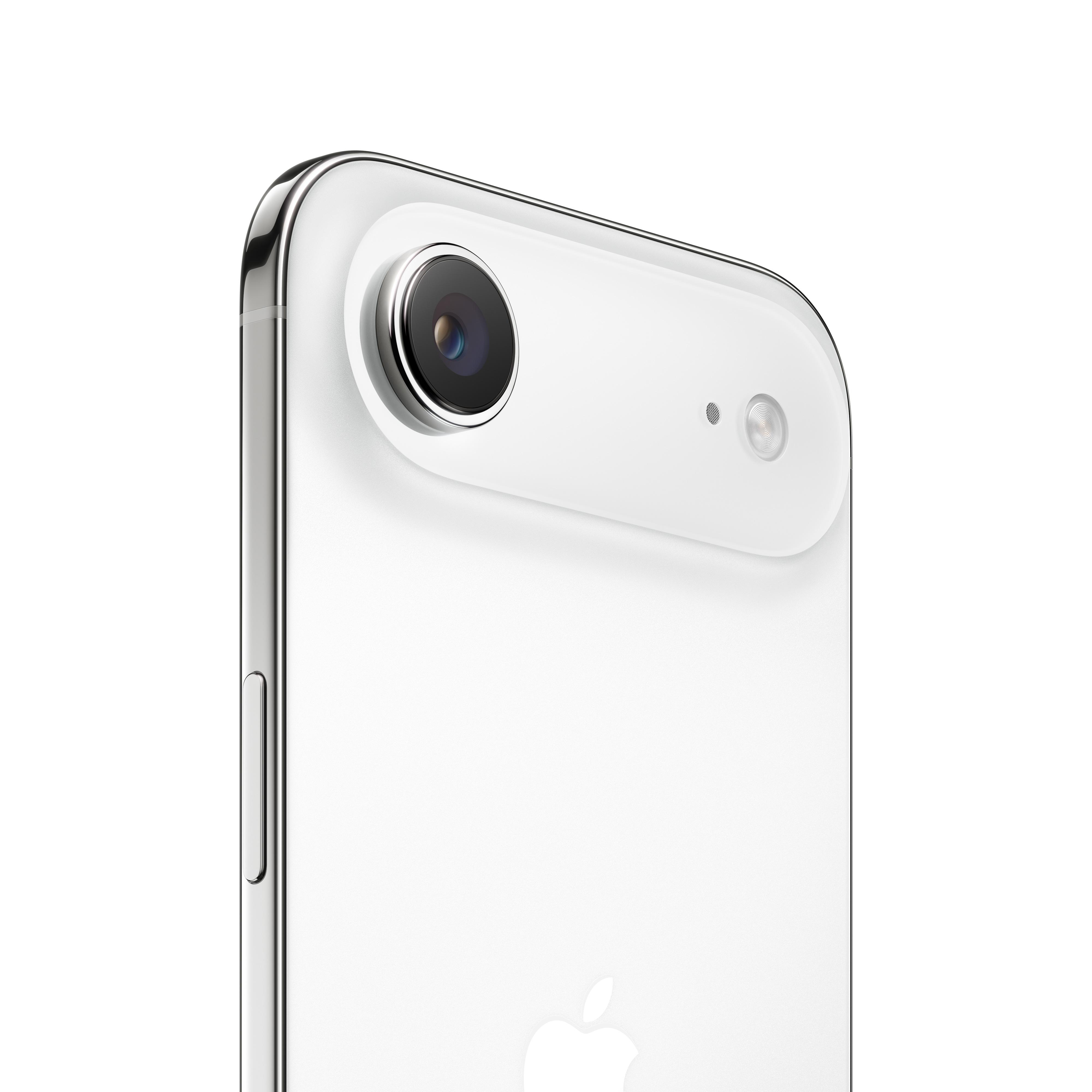 Nahaufnahme eines weißen Smartphones. Kamera und Blitz sind sichtbar. Die Seite hat einen silbernen Rahmen und eine Taste.