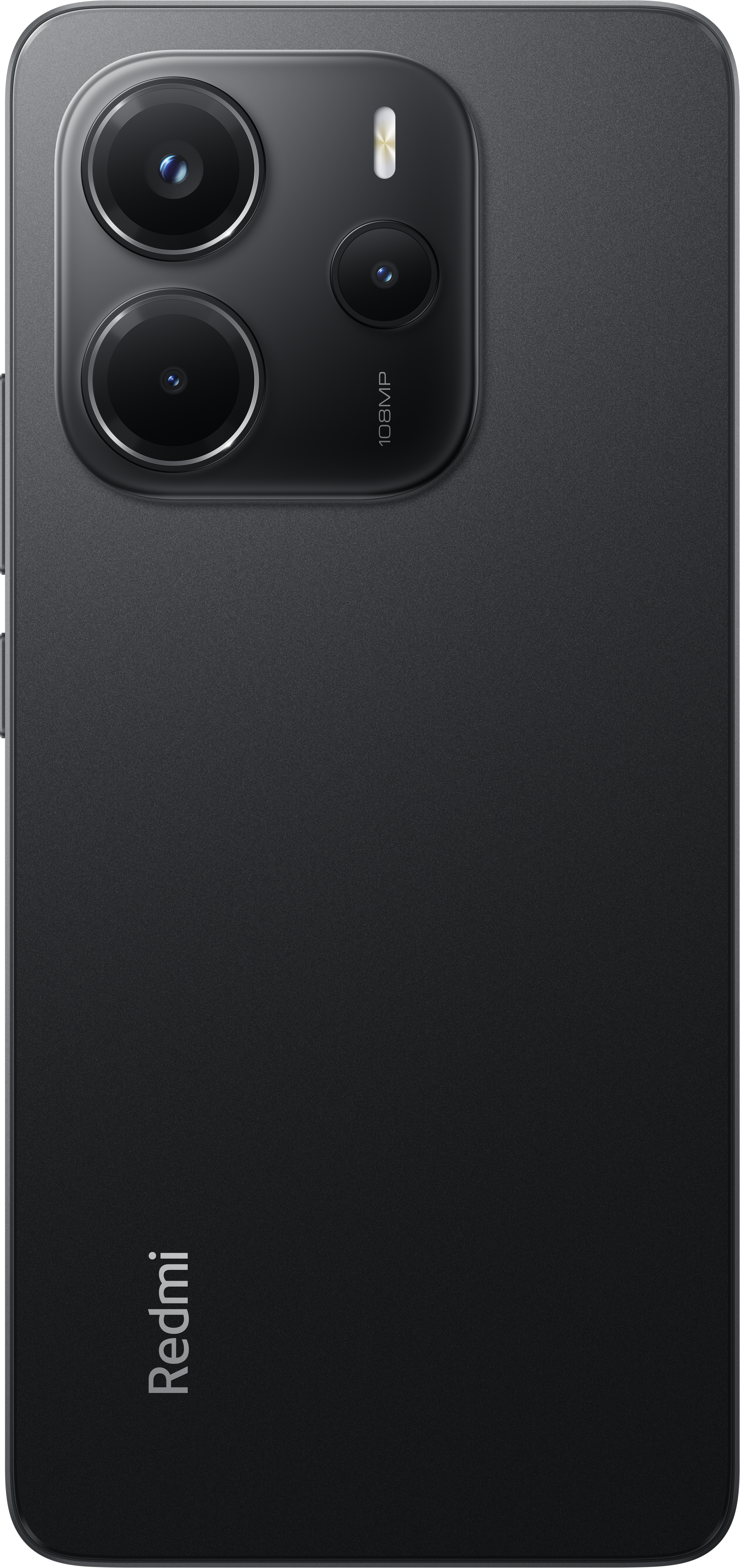 Ein schwarzer Smartphone-Rücken mit drei Kameralinsen, einem Blitz und dem Redmi-Logo. Das Kameramodul ist prominent.