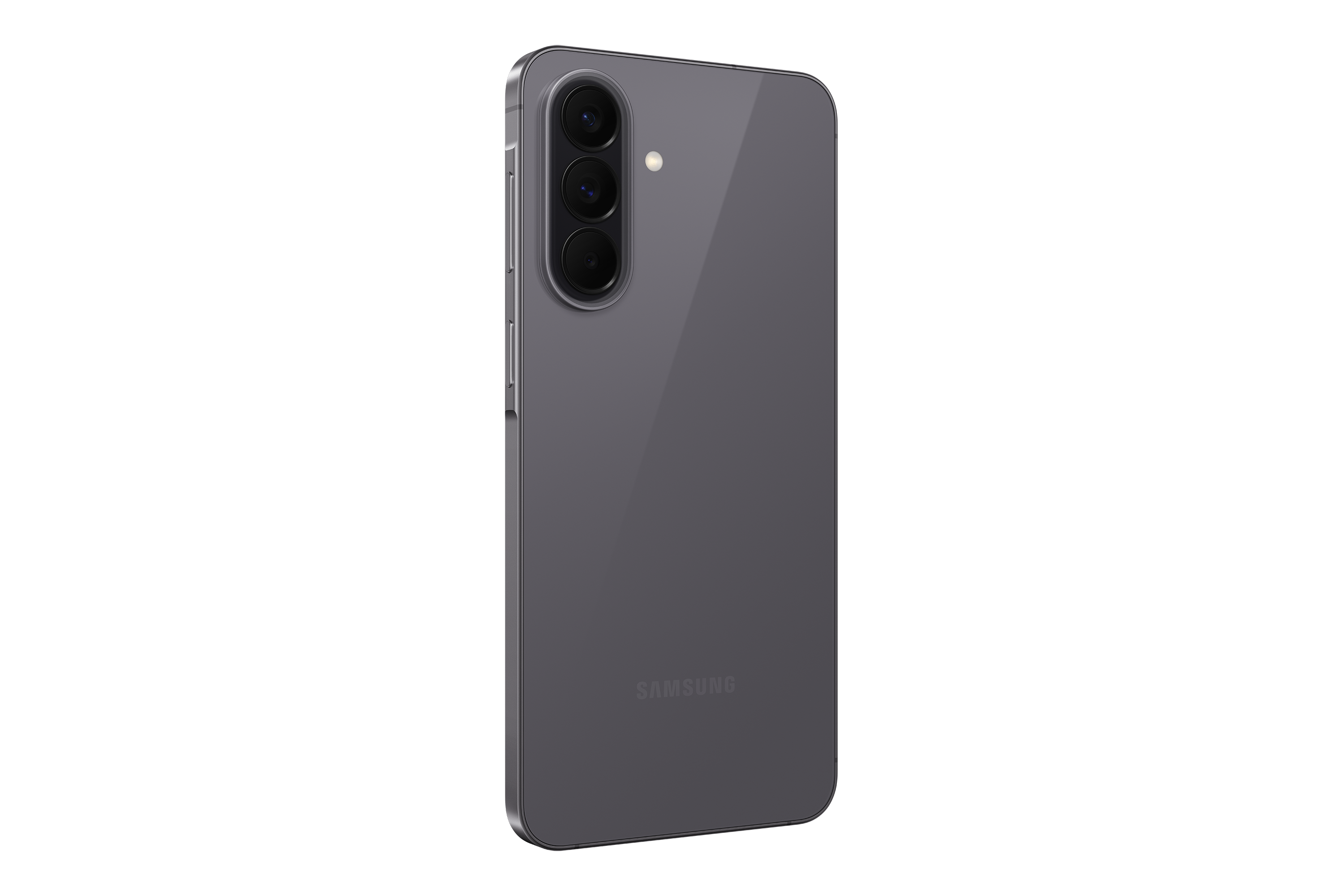 Rückseite eines grauen Samsung Smartphones mit drei Kameras und Blitz.