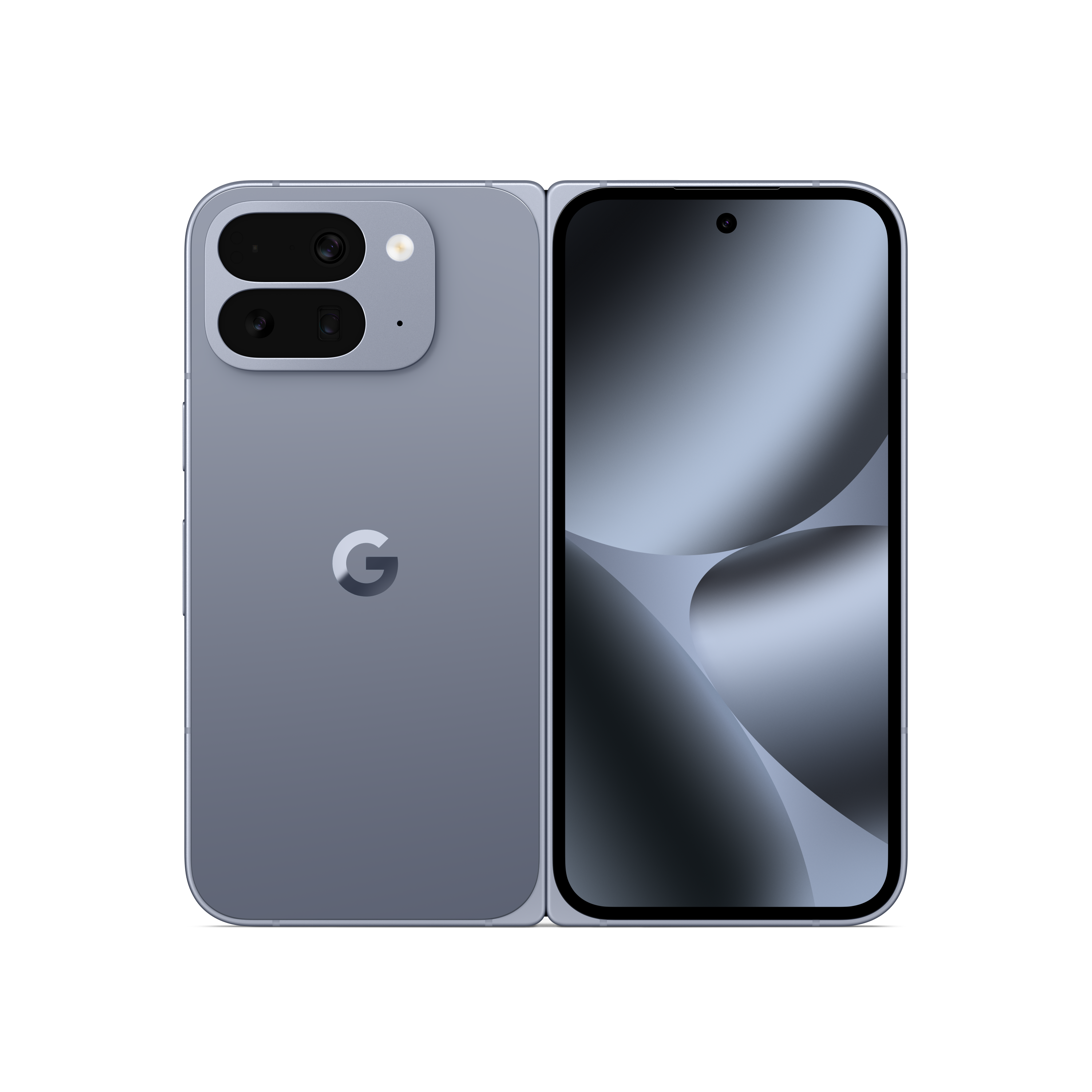 Ein faltbares Smartphone wird gezeigt. Es ist grau, hat zwei Kameras auf der Rückseite und einen Bildschirm auf der Vorderseite, vor schwarzem Hintergrund.
