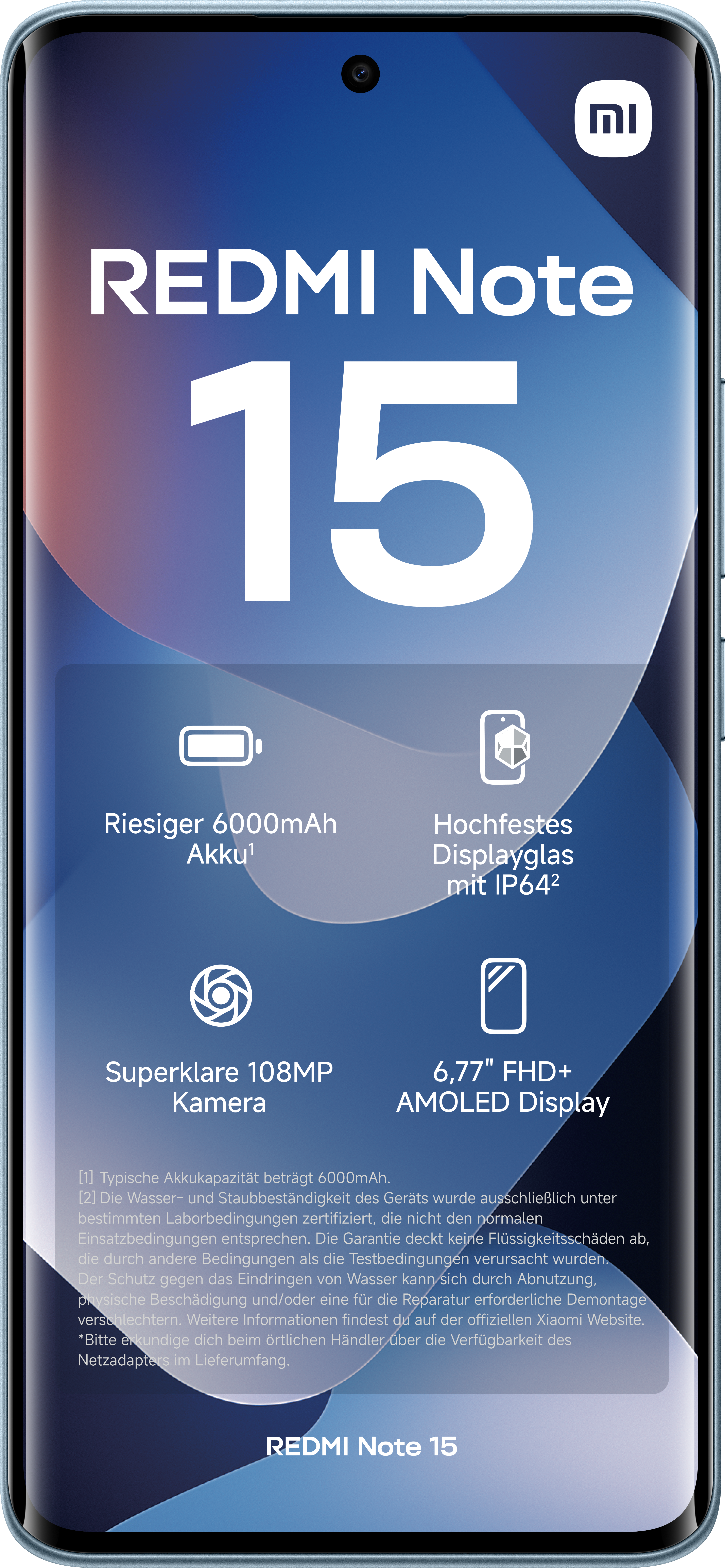 Werbung für ein Redmi Note 15-Handy zeigt Funktionen: großer Akku, robustes Display, hochauflösende Kamera und AMOLED-Display.