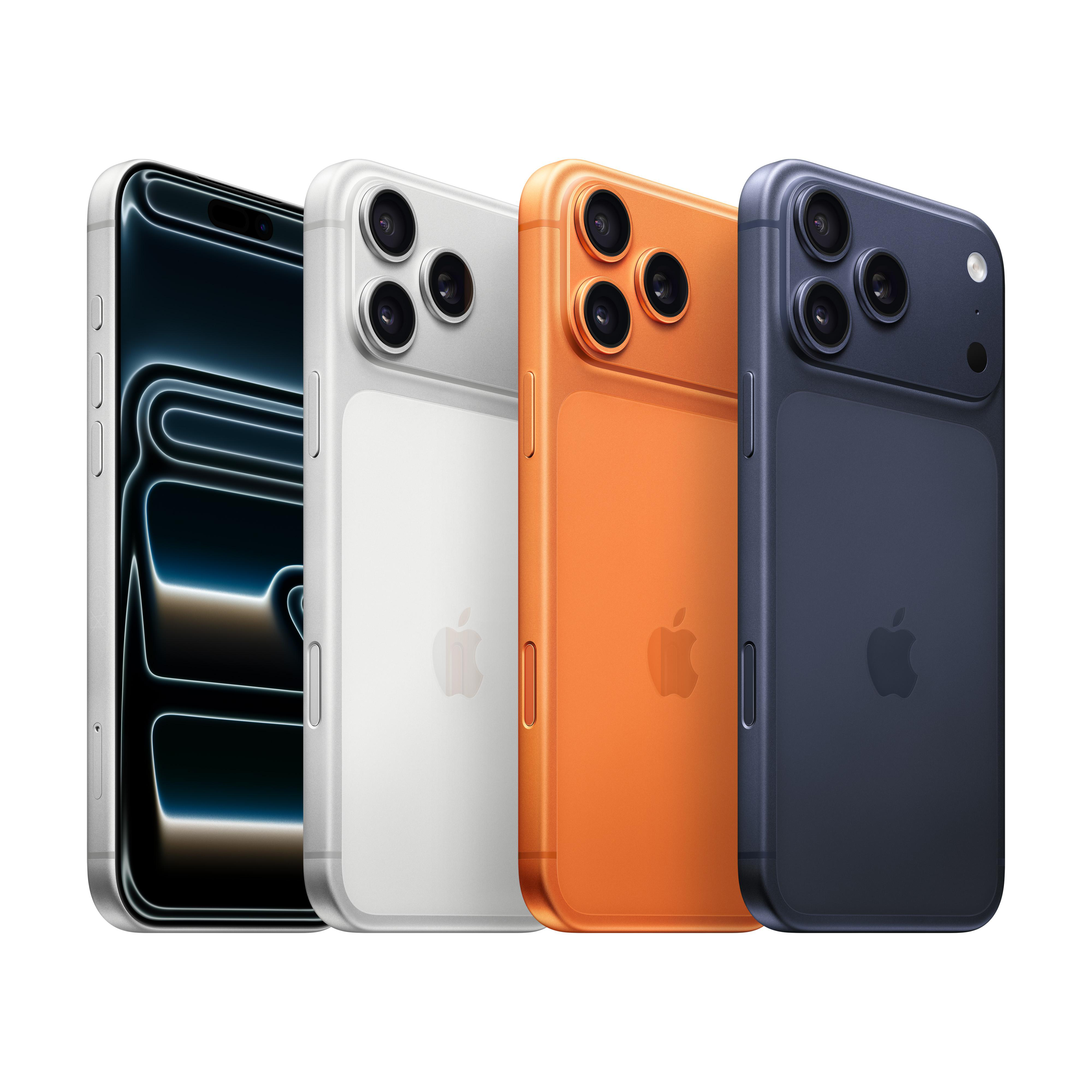 Vier Smartphones in verschiedenen Farben: Schwarz, Weiß, Orange und Blau. Jedes hat eine Kamera. Apple-Logo sichtbar.
