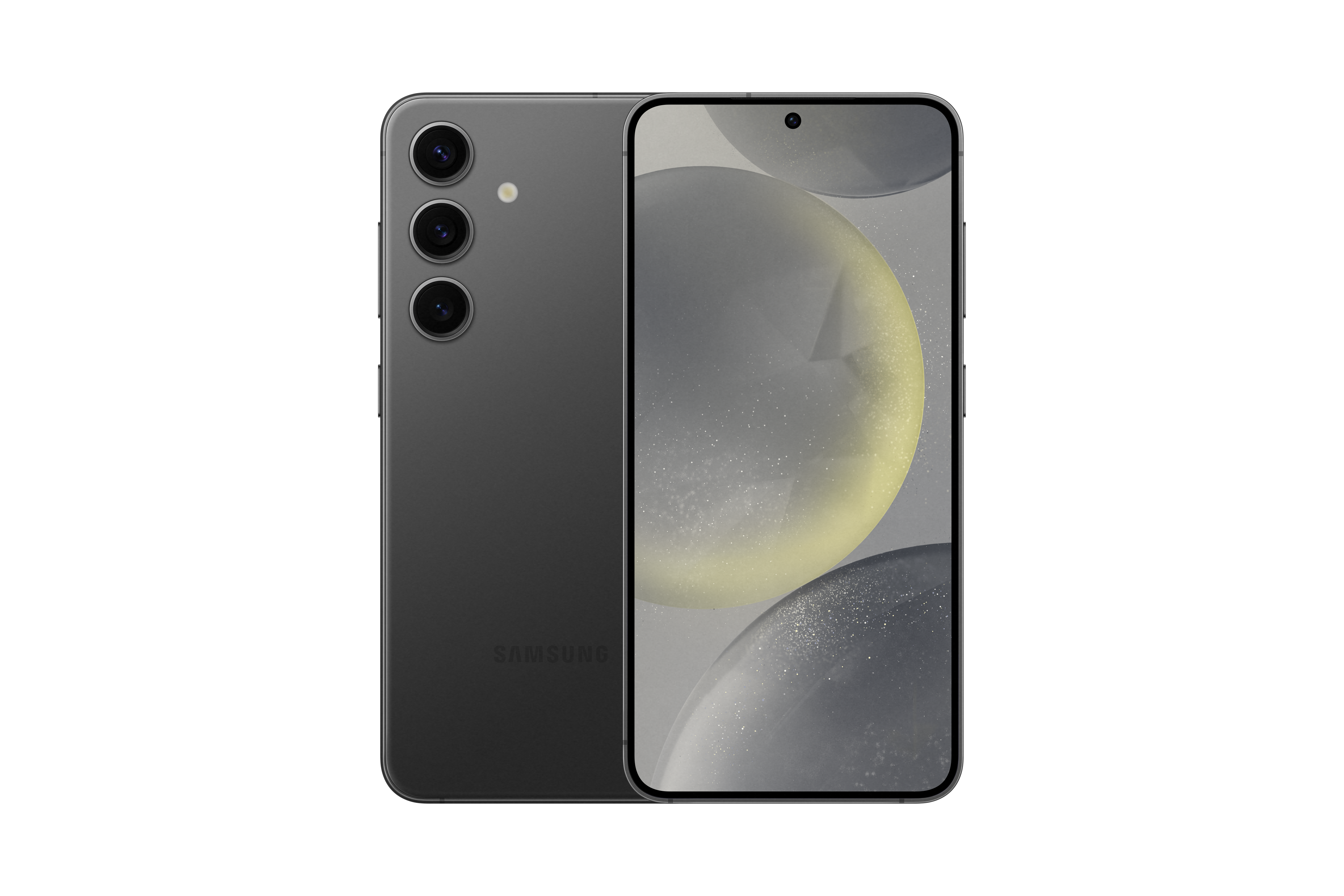Graues Samsung-Telefon, Rück- und Vorderansicht. Drei Rückkameras. Der Bildschirm zeigt schwebende Kugeln.