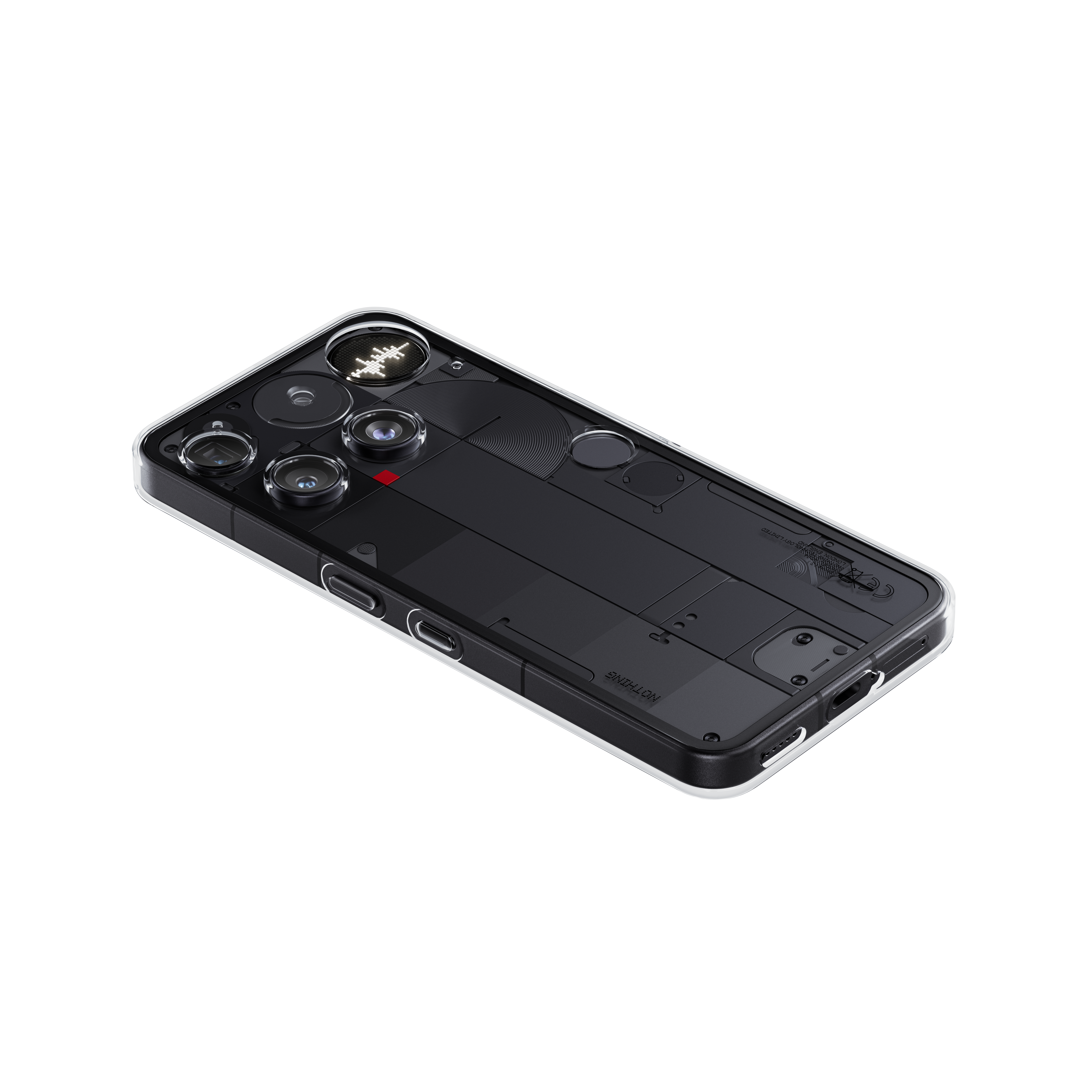 Eine Smartphone-Rückseite mit transparentem Design, die interne Komponenten freilegt. Sie hat mehrere Kameralinsen und einen roten Punkt.