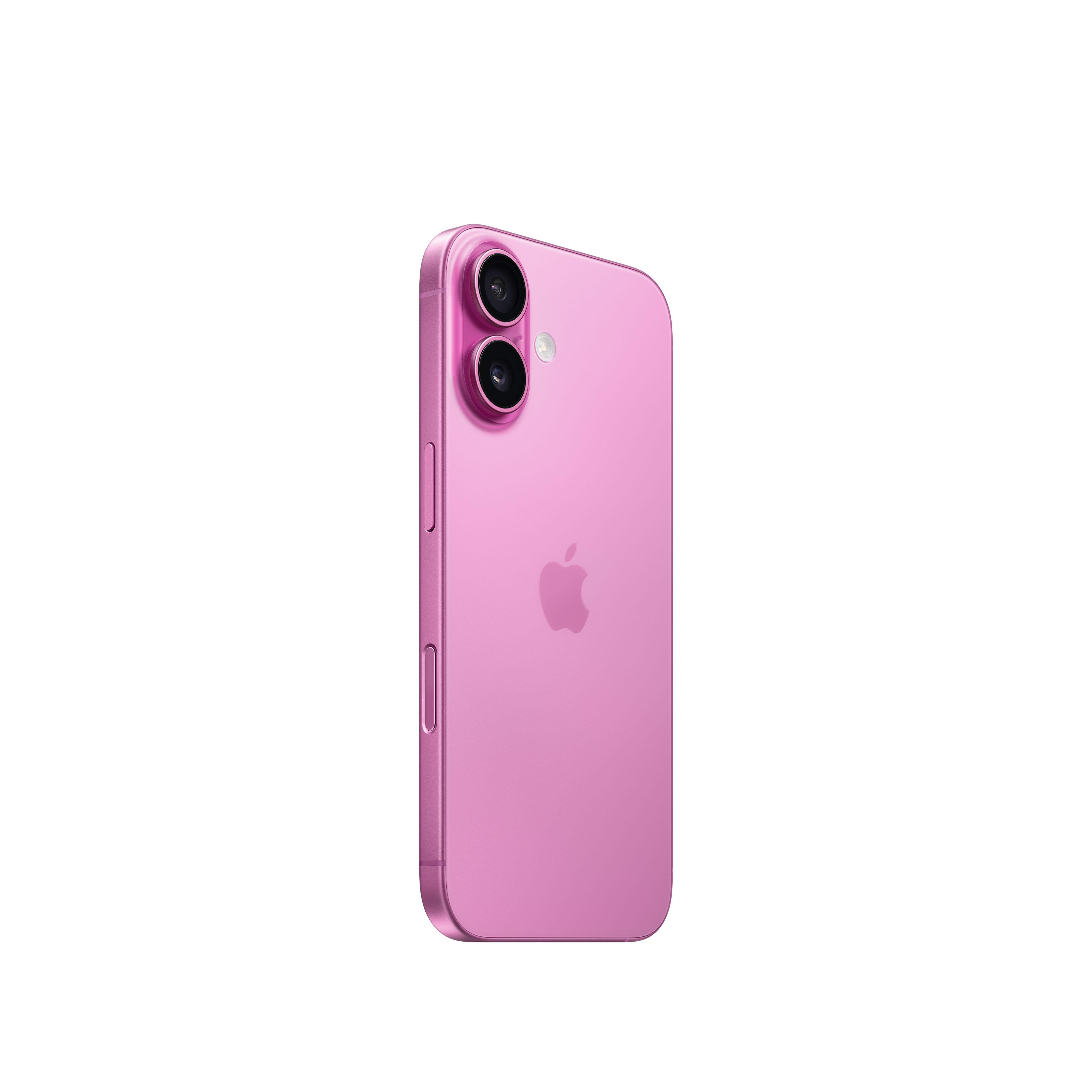 Rosa iPhone, Rückansicht. Apple-Logo und zwei Kameralinsen auf der Rückseite.