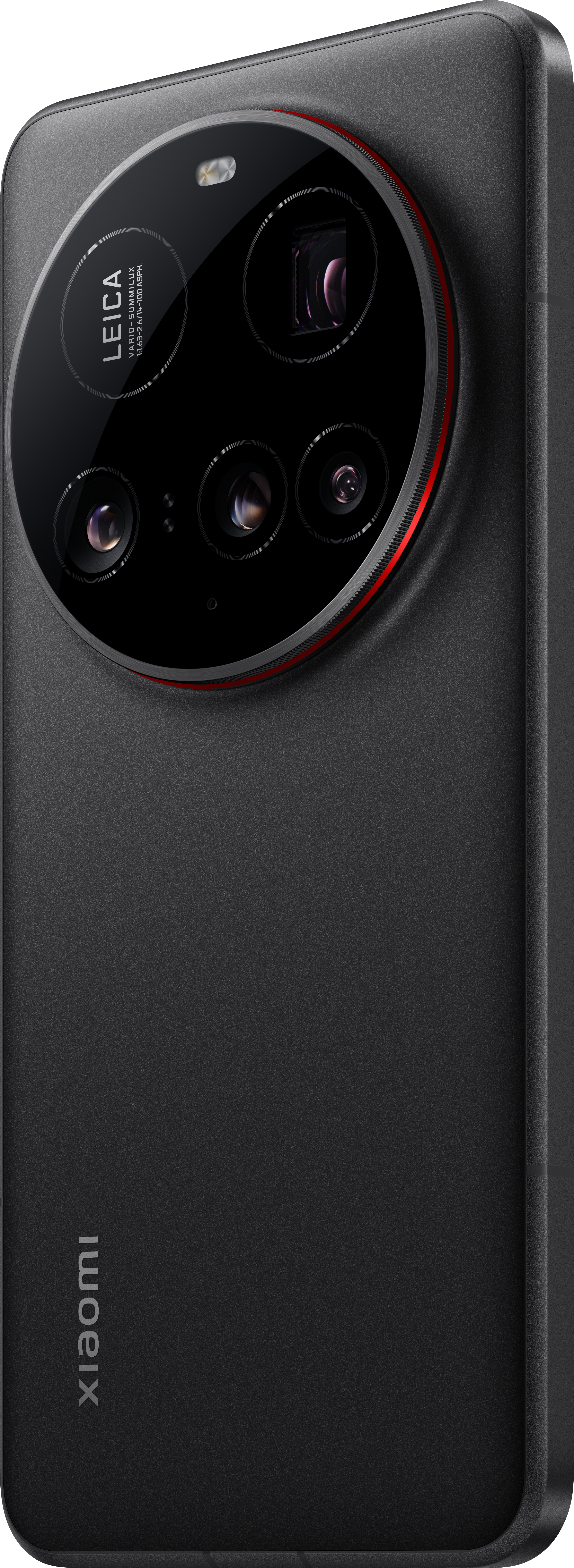 Schwarzes Smartphone mit Kameralinsen, schwarze strukturierte Rückseite, Seitenansicht.