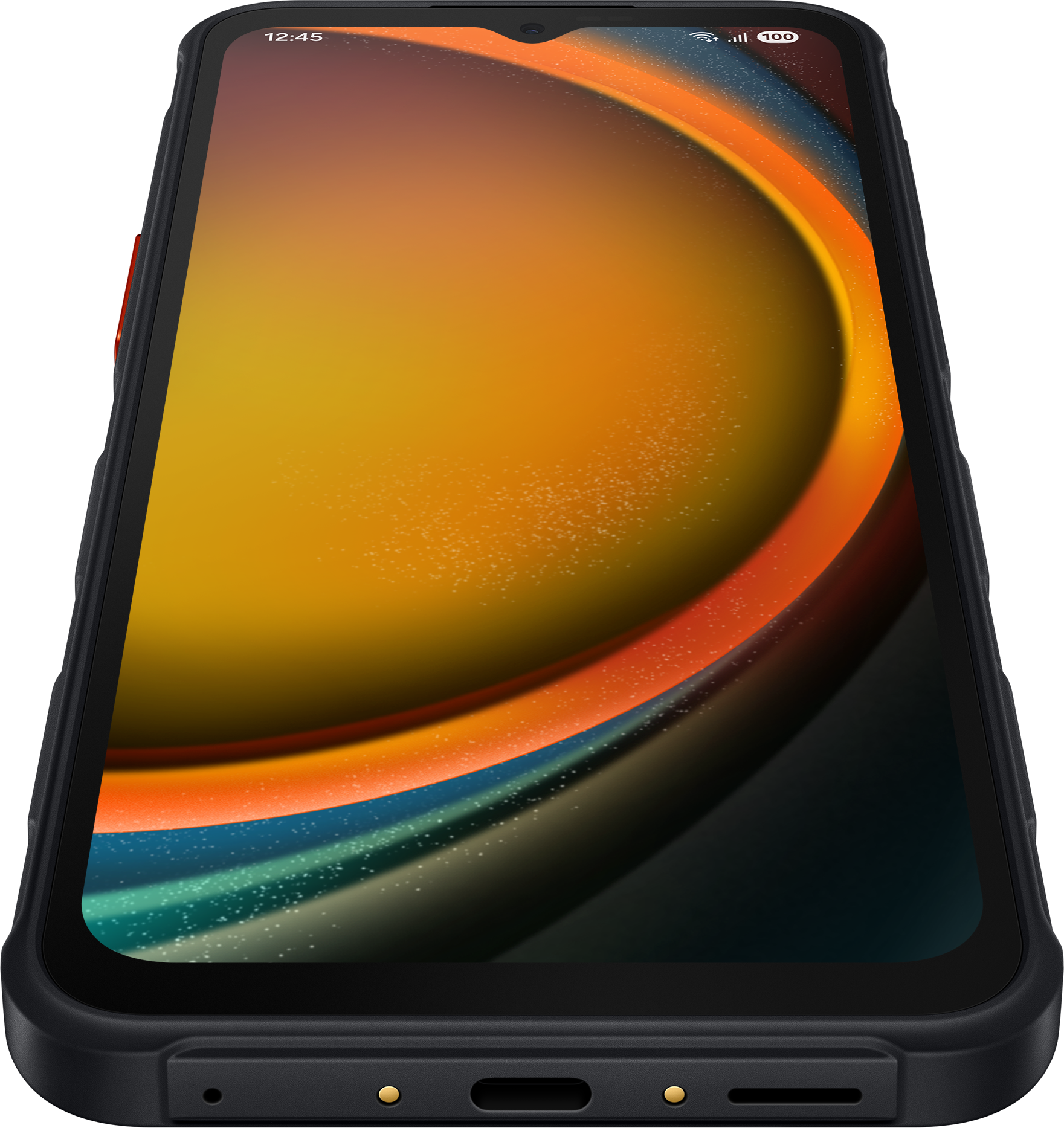 Smartphone. Display zeigt bunten, abstrakten Hintergrund. Schwarzer Rahmen und Gehäuse.