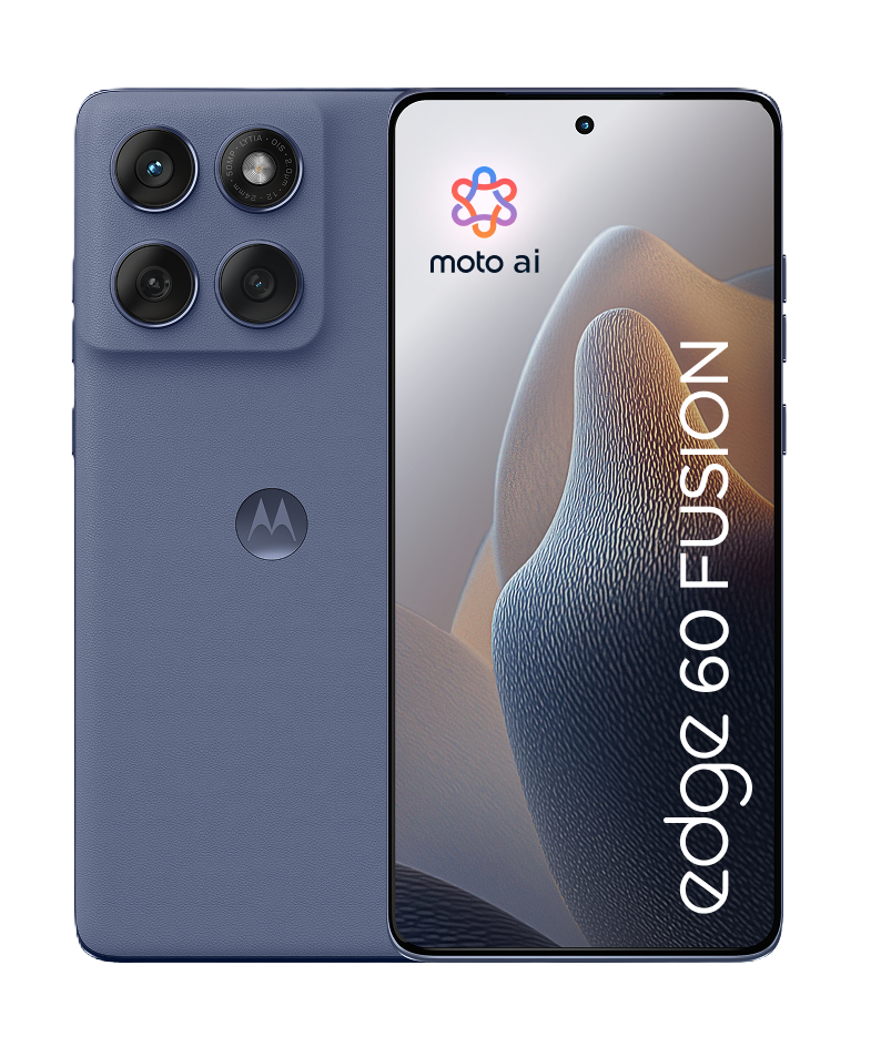 Rückseite eines blauen Smartphones mit vier Kameras und dem Moto AI Logo. Der Bildschirm zeigt den Schriftzug Edge 60 Fusion.