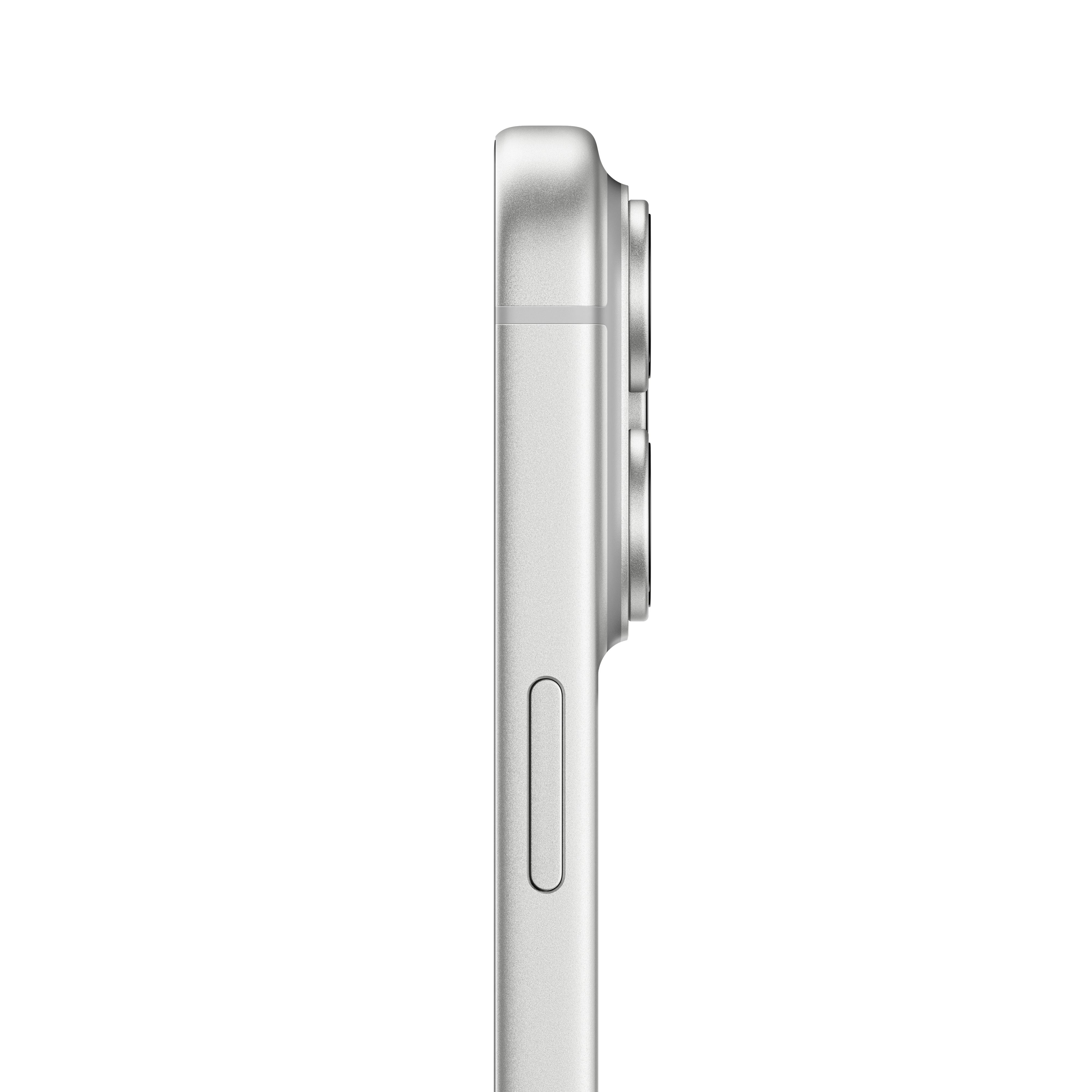 Seitenansicht eines silbernen Smartphones. Merkmale sind eine Kamera, Lautstärke- und Ein/Aus-Taste. Der Hintergrund ist weiß.