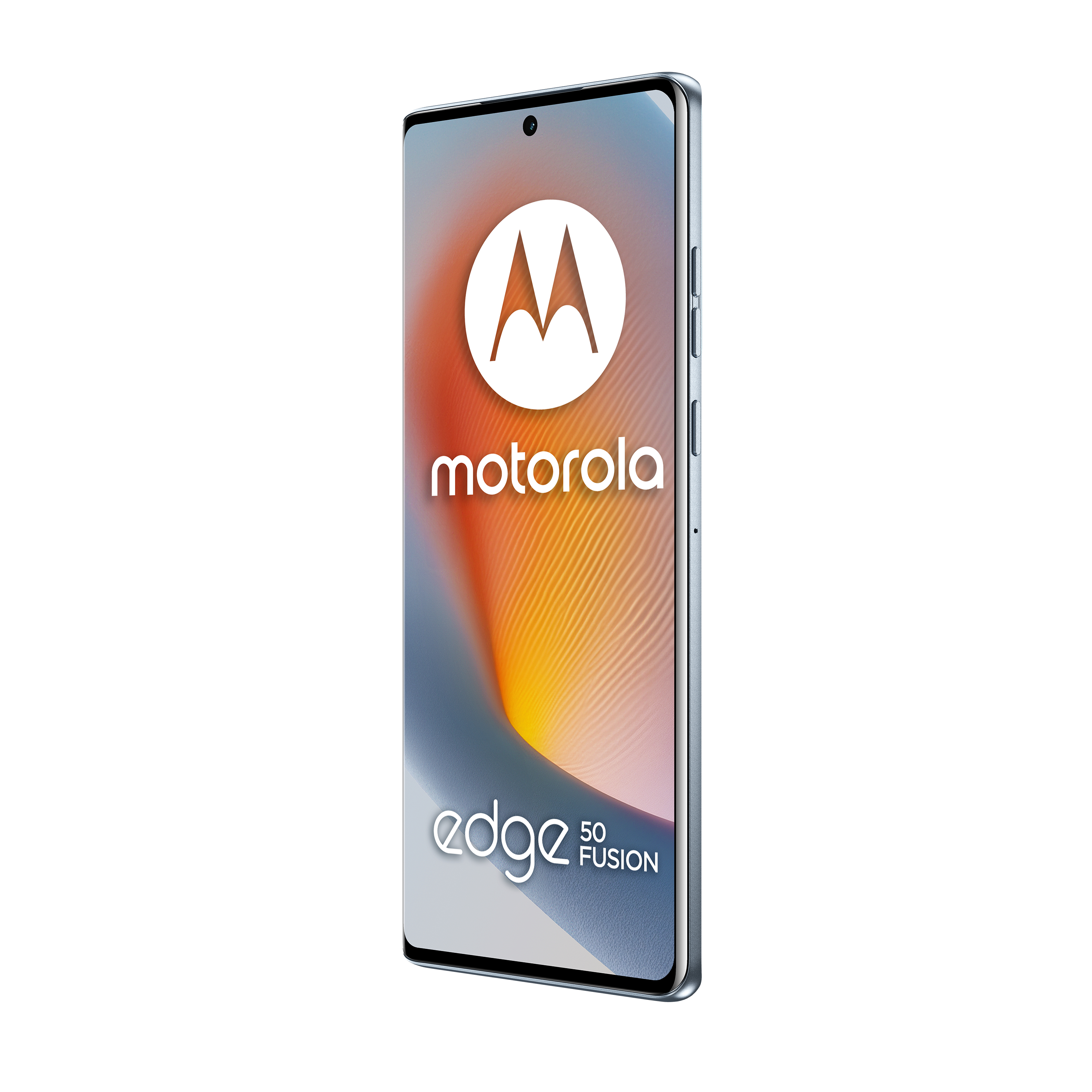Ein Smartphone mit großem Bildschirm, das das Motorola-Logo anzeigt. Das Telefon hat einen blauen Rahmen.