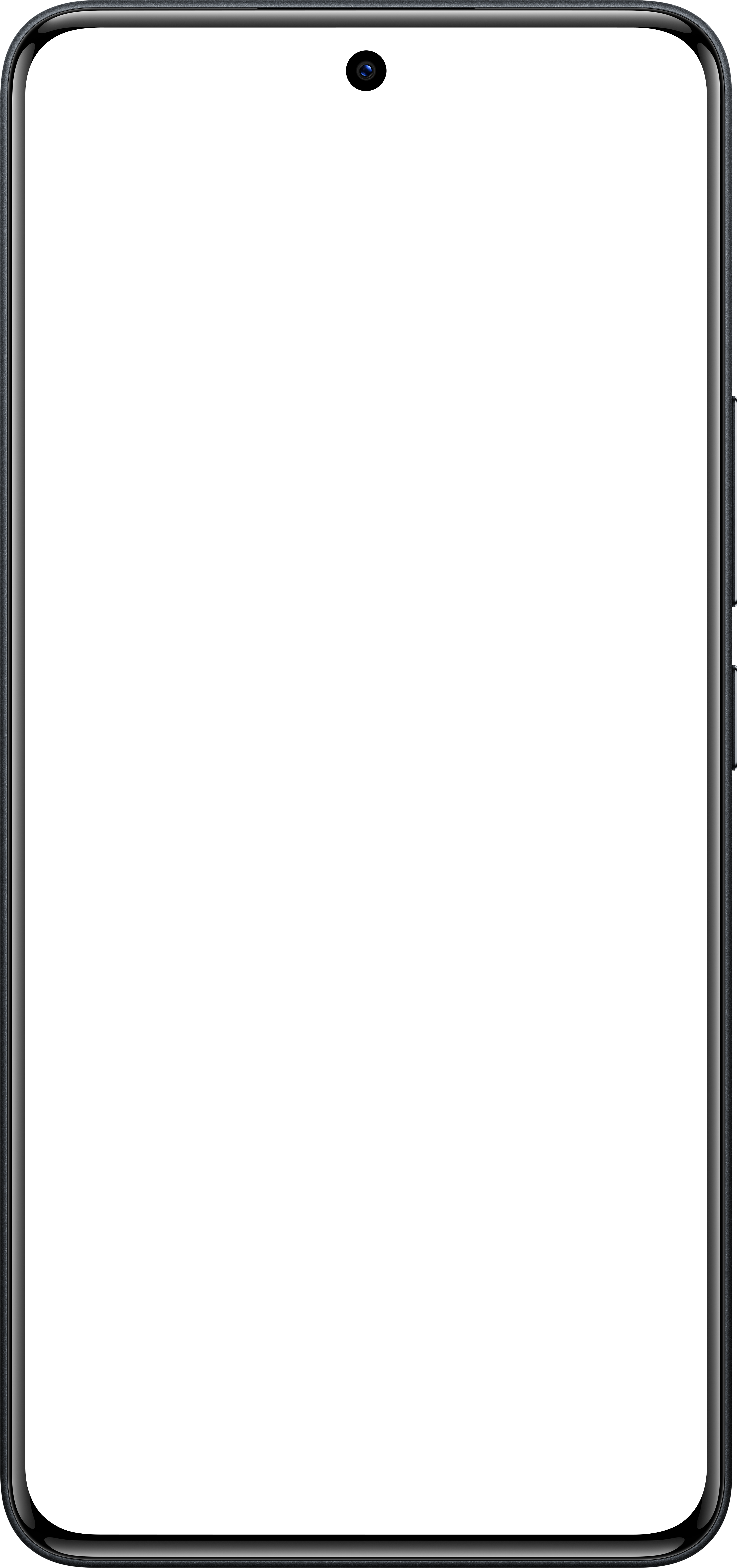 Ein schwarzes Smartphone mit abgerundeten Ecken. Der Bildschirm ist schwarz. Oben in der Mitte ist eine Kamera sichtbar.