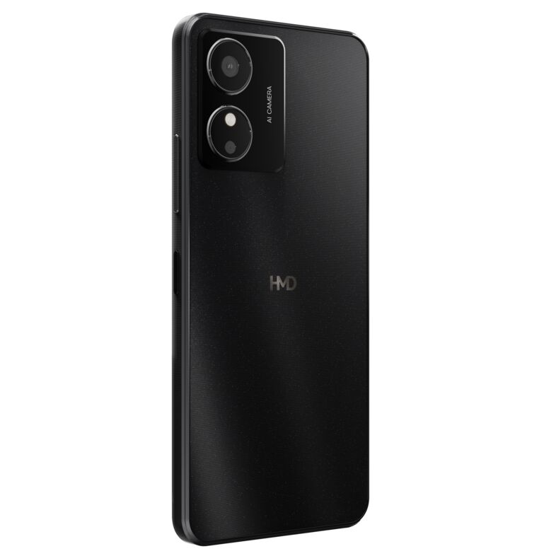 Ein schwarzes Smartphone mit Dual-Kameras und dem Logo 'HMD' auf der Rückseite, seitlich abgewinkelt.
