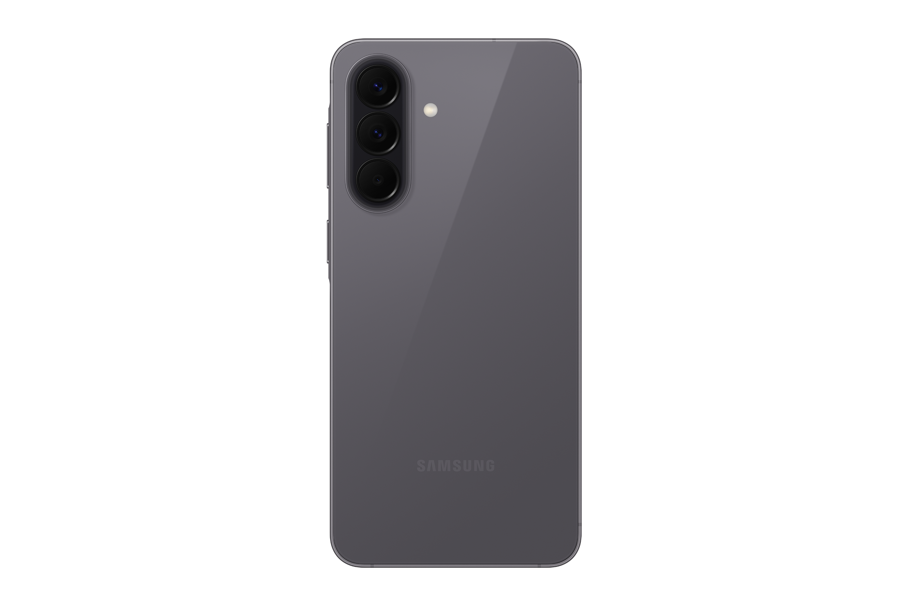 Rückseite eines grauen Samsung Smartphones mit drei Kameras und Blitz.