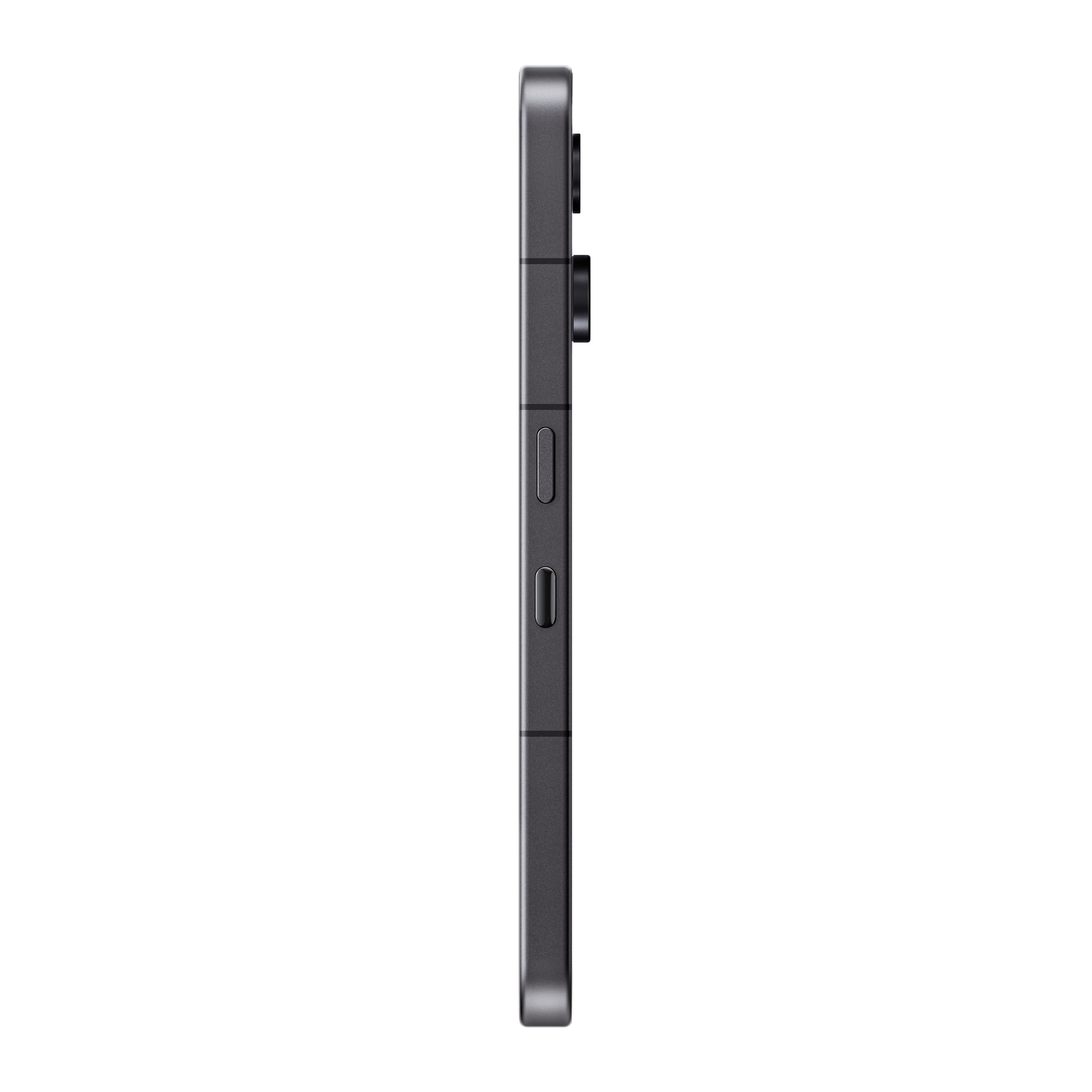 Seitenansicht eines dunkelgrauen Smartphones. Tasten, Kamerabuckel und Metallrahmen sichtbar. Schwarzer Hintergrund.