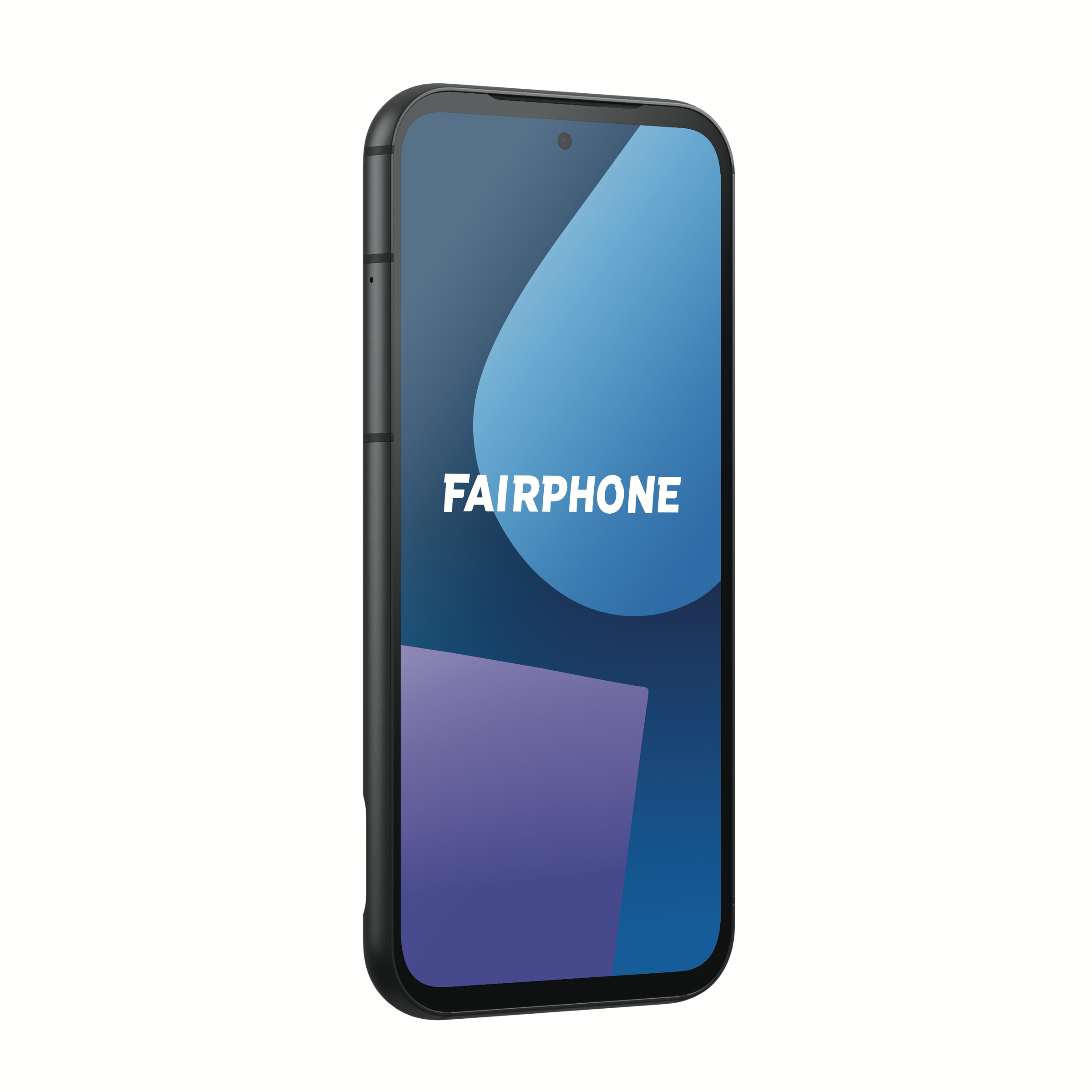 Schwarzes Fairphone-Smartphone, zeigt die Vorderseite mit dem Markennamen.