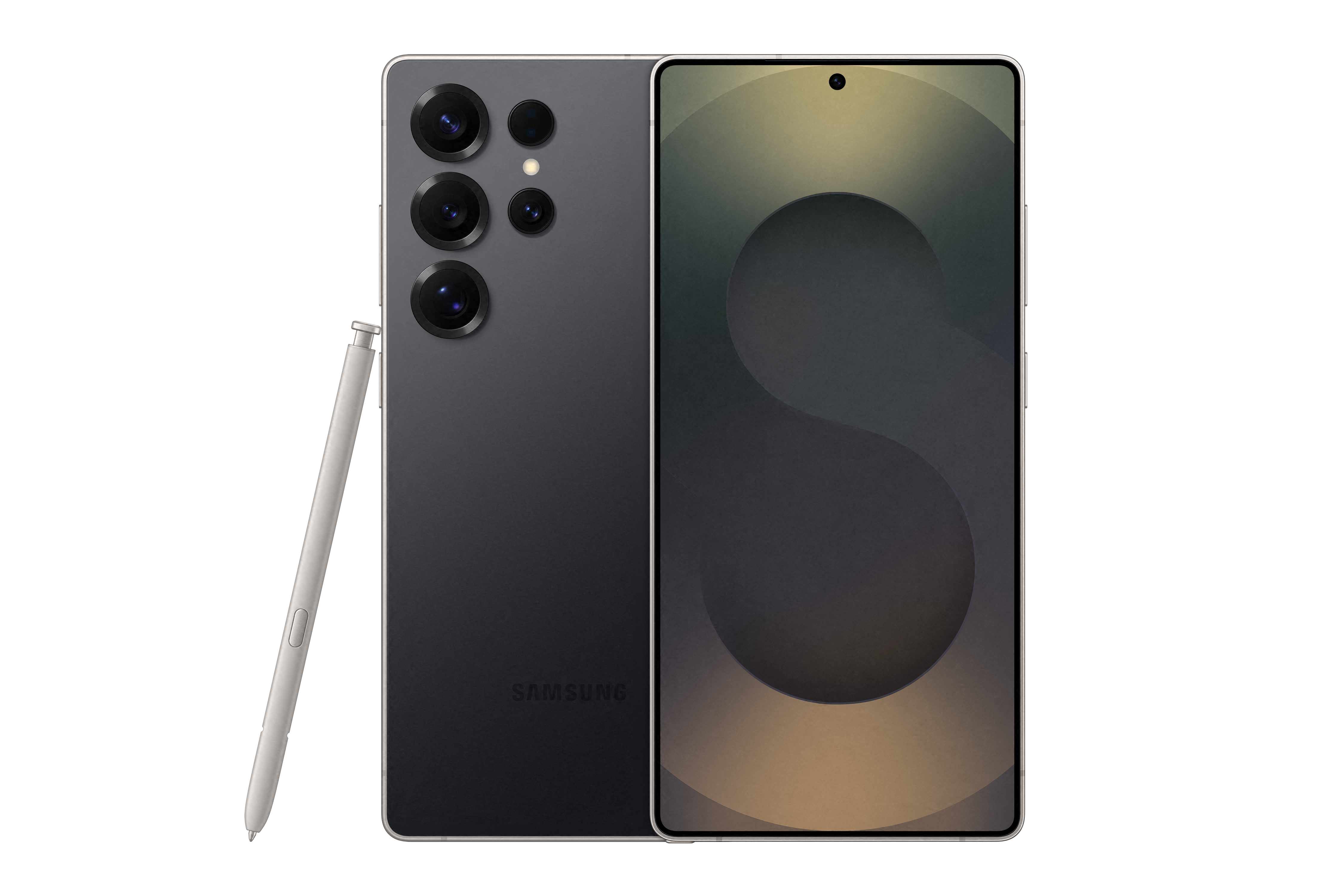 Schwarzes Samsung Galaxy S25 Ultra Telefon mit Stift, Vorder- und Rückansicht auf Schwarz.