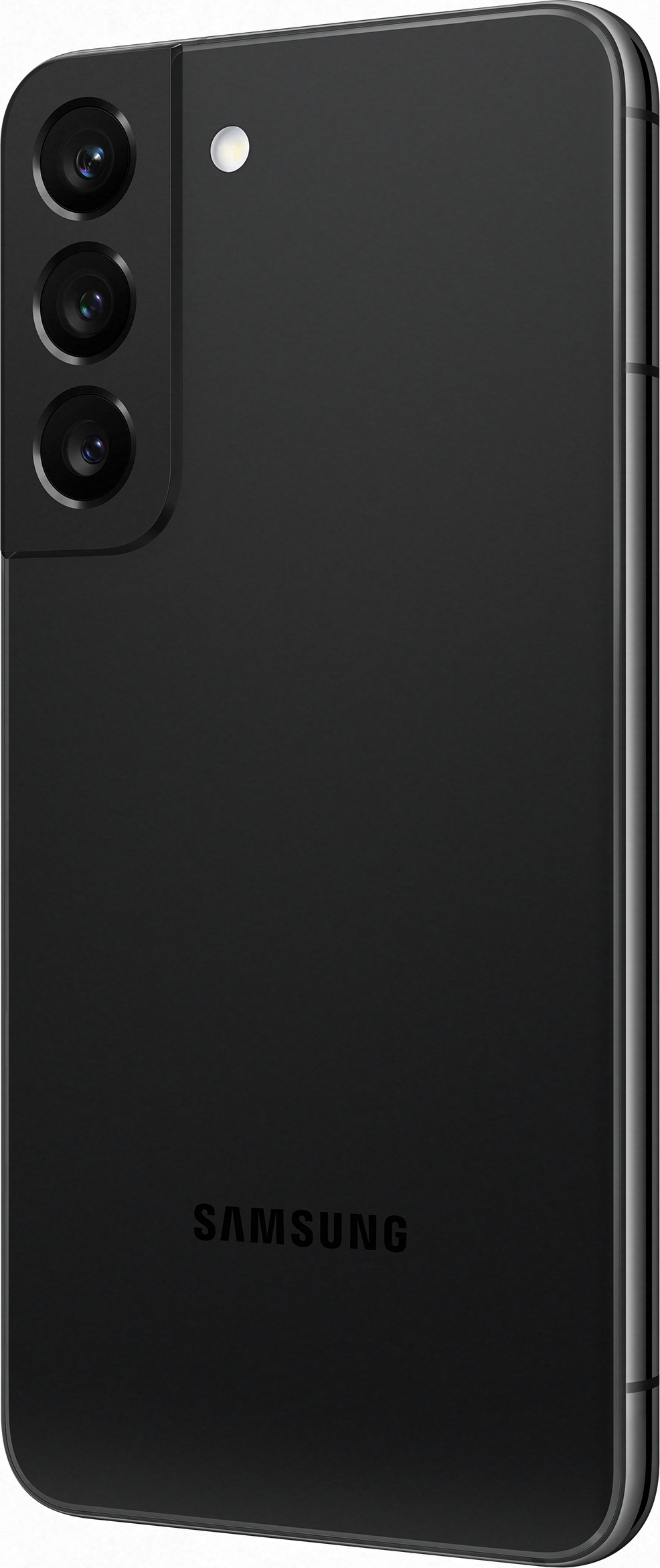 Ein schwarzes Samsung-Smartphone, Rückansicht, mit drei Kameralinsen und dem Samsung-Logo.
