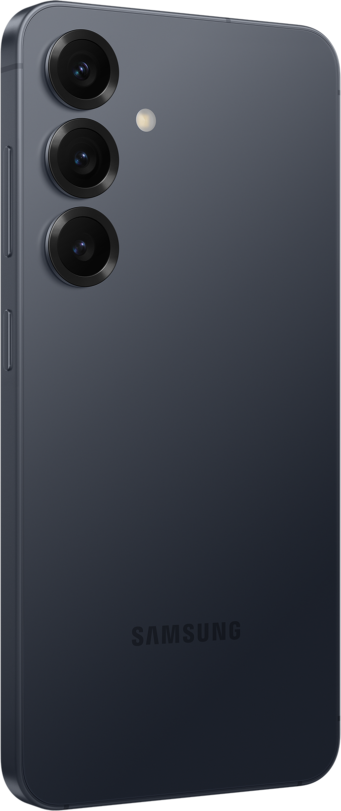 Dunkelblaues Samsung-Telefon mit drei Kameralinsen. Das Samsung-Logo ist sichtbar. Das Telefon befindet sich in vertikaler Position.