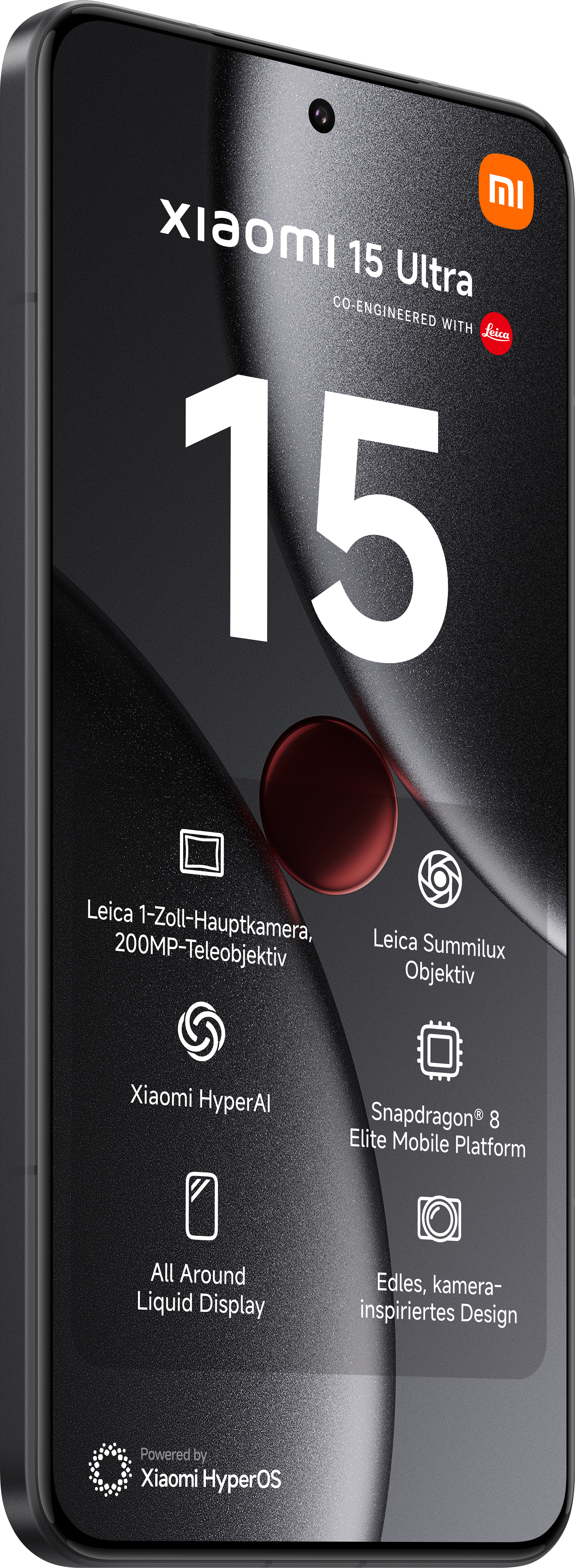 Ein schwarzes Smartphone mit großem Bildschirm, mit Symbolen und Text.