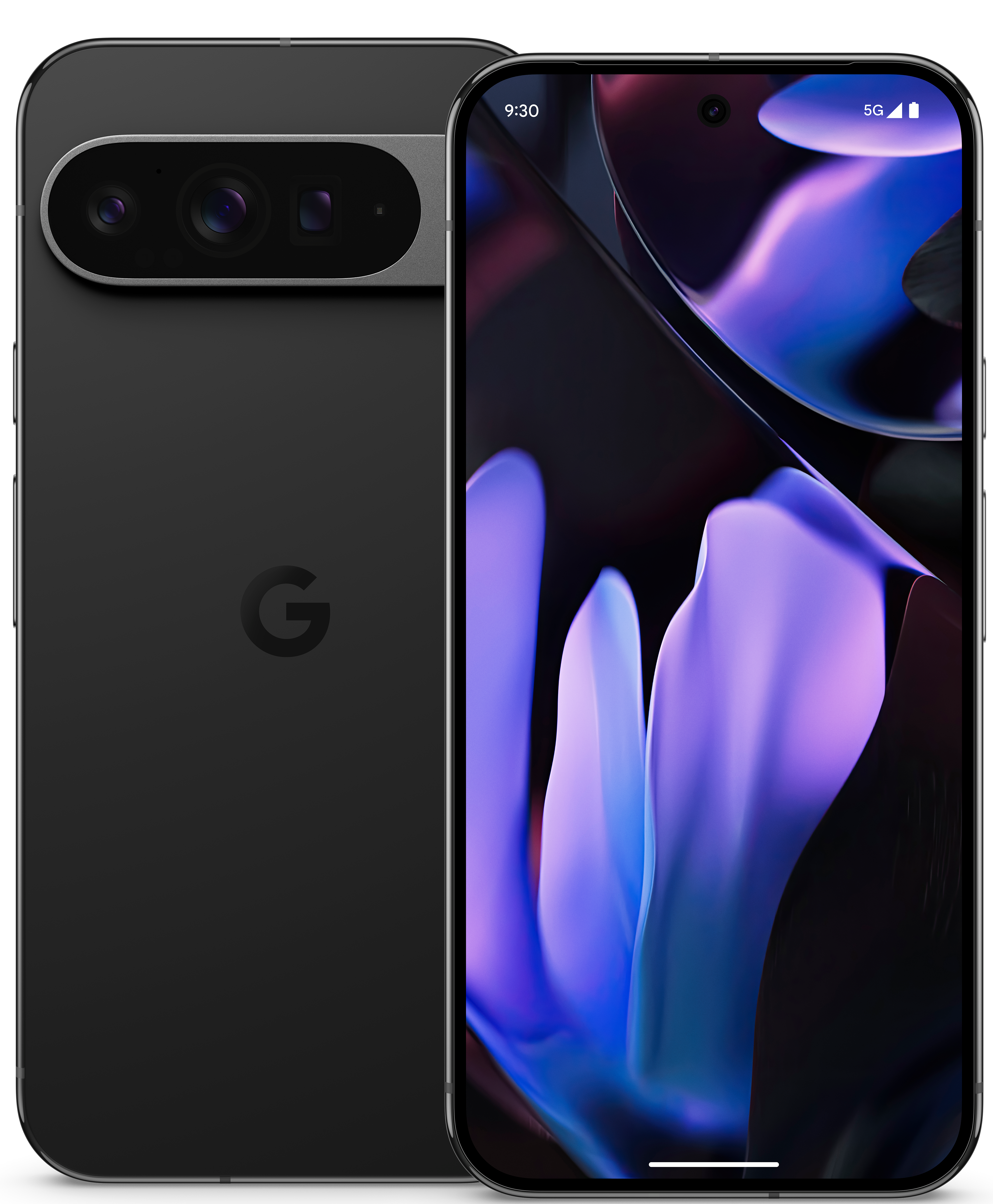 Schwarzes Google-Telefon mit drei Rückkameras, zeigt einen farbenfrohen Bildschirm.