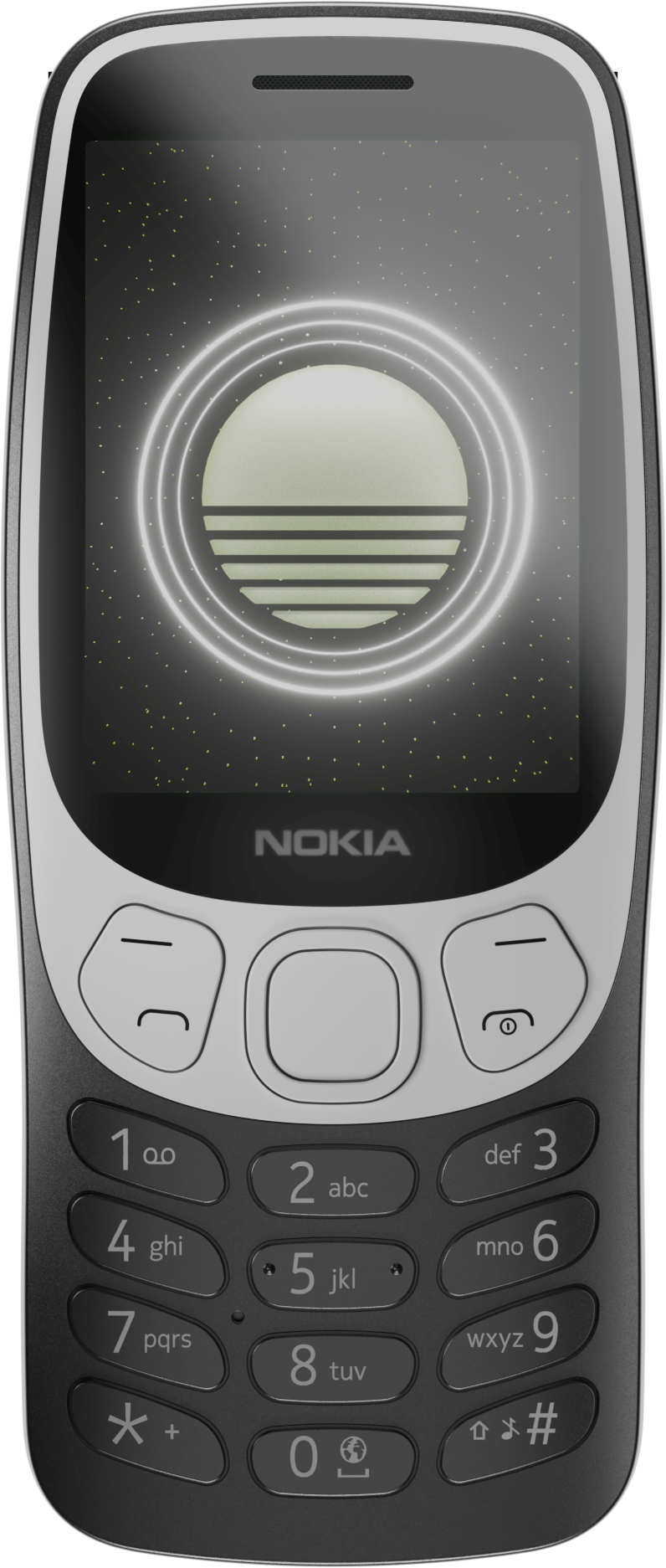 Ein schwarzes Nokia-Telefon mit kreisförmigem Design auf dem Bildschirm. Mit Tastatur.