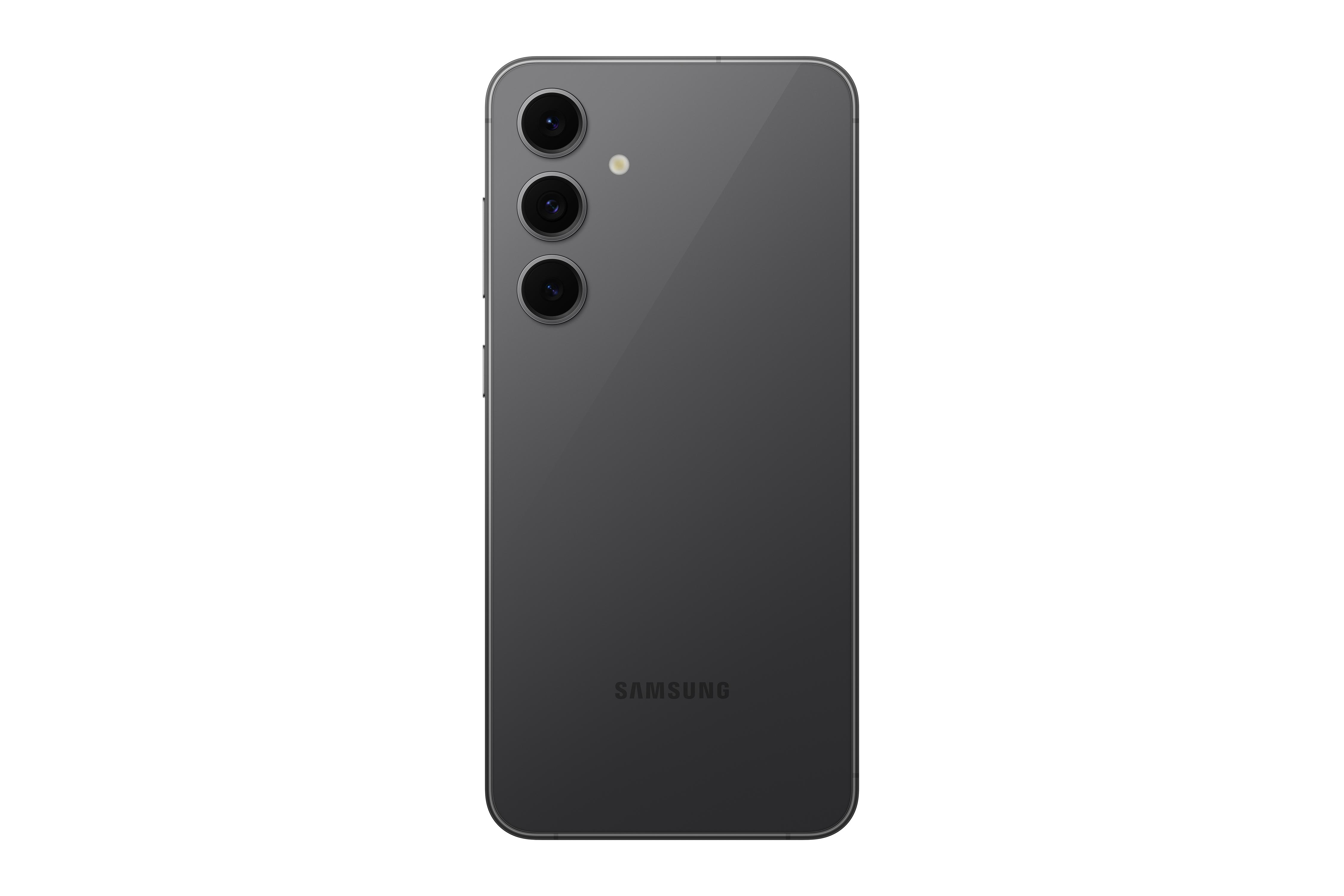 Dunkelgraue Smartphone-Rückseite mit drei Kameras und einem Samsung-Logo.