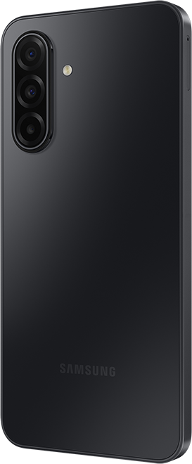 Rückansicht eines dunkelgrauen Samsung-Telefons. Dreifach-Kamera links, Samsung-Logo unten. Kamera-Blitz oben.