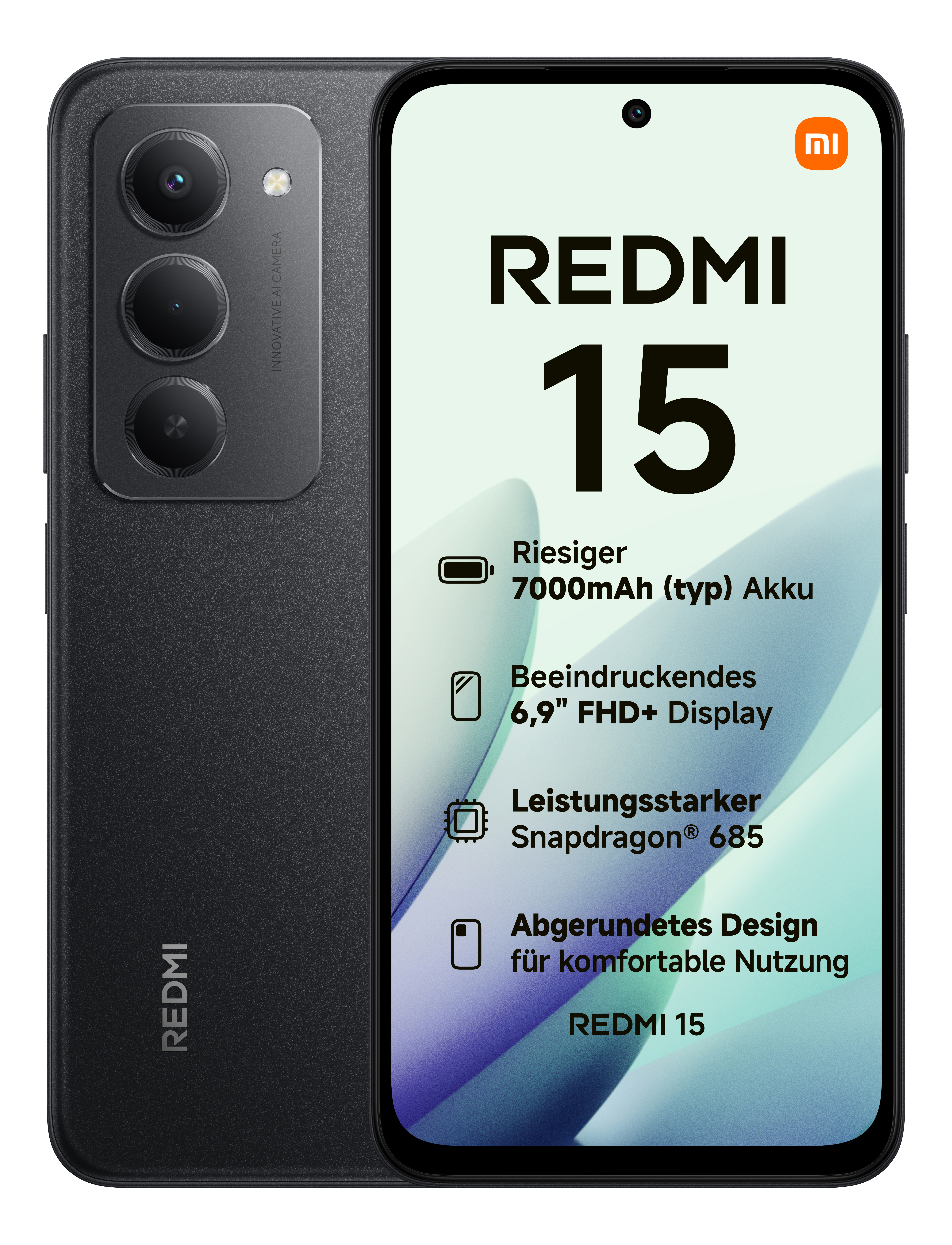 Ein schwarzes Redmi 15 Smartphone. Es hat drei Rückkameras. Der Bildschirm zeigt die Eigenschaften des Telefons.