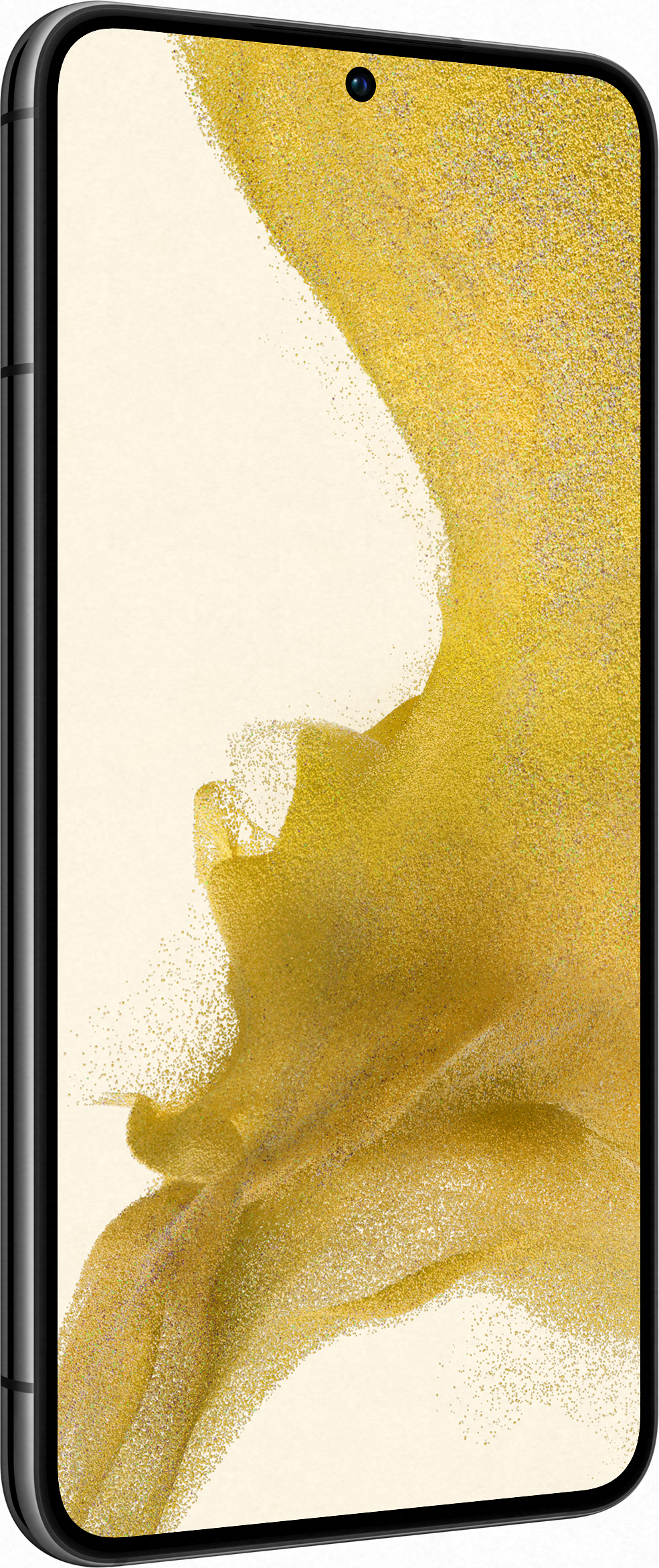 Seitenansicht eines Smartphones mit schwarzem Rahmen und strukturierter goldfarbener Rückseite.