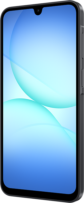 Ein schwarzes Smartphone, das nach rechts abgewinkelt ist. Der Bildschirm zeigt blaue und teal abstrakte Formen. Kamera oben.