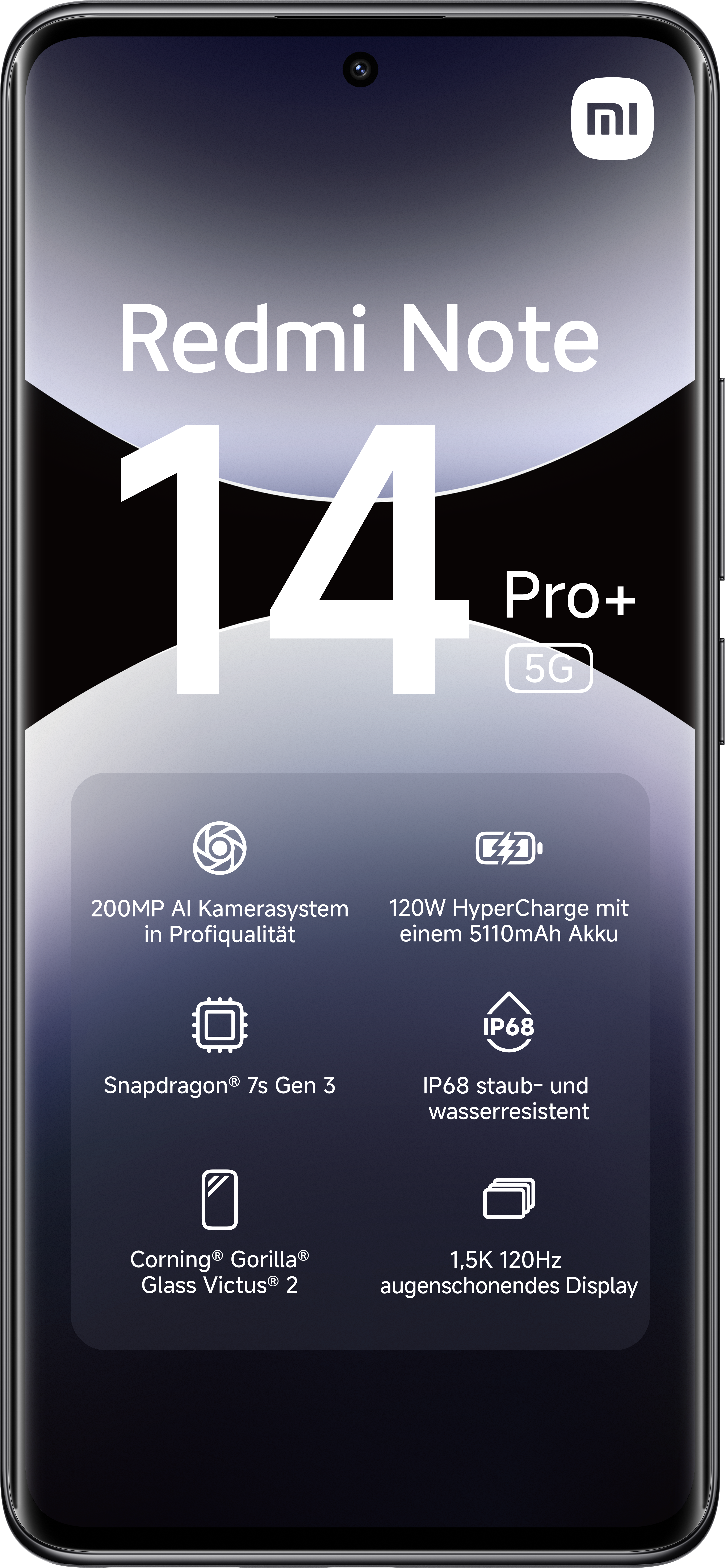 Bild zeigt ein schwarzes Smartphone, Redmi Note 14 Pro+, mit Merkmalen wie 200MP Kamera, 120W Laden, Snapdragon 7s Gen 3 und IP68-Zertifizierung.