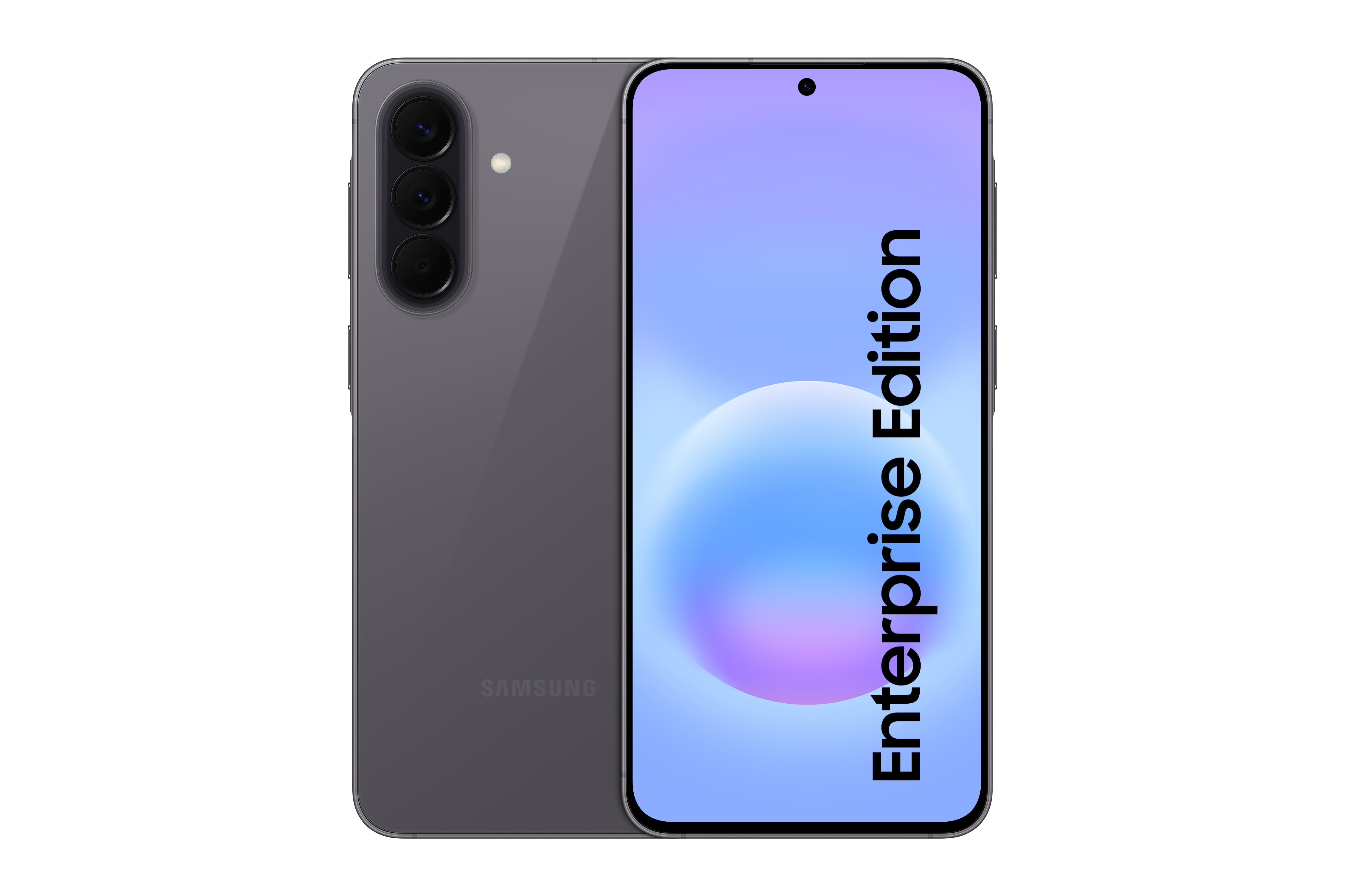 Graues Samsung Smartphone mit drei Kameras und Schriftzug Enterprise Edition.