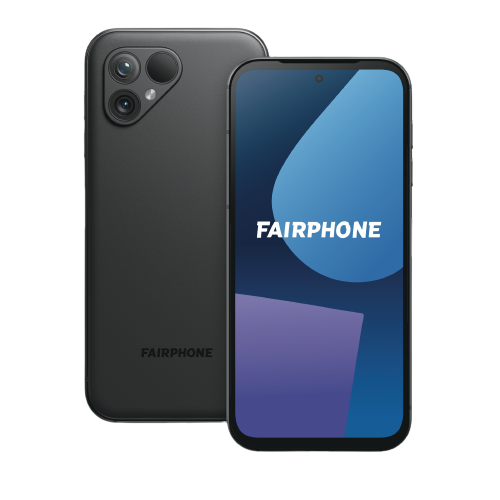 Fairphone Smartphone, schwarz. Rück- und Vorderansicht. Rückseite mit Kameralinsen. Vorderseite mit Bildschirm.