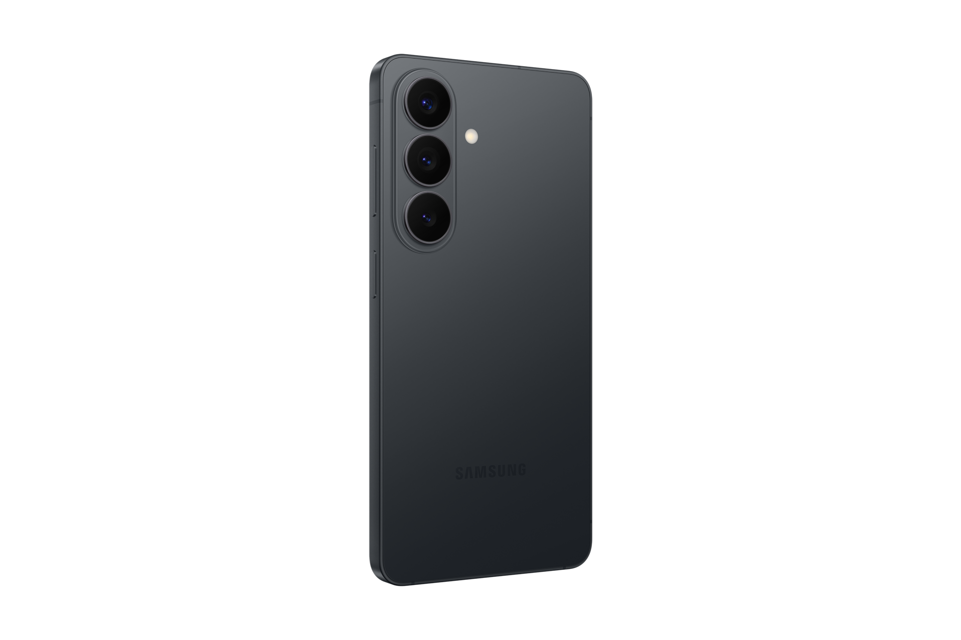 Dunkelgraues Samsung Smartphone mit drei Kameralinsen und Blitz.