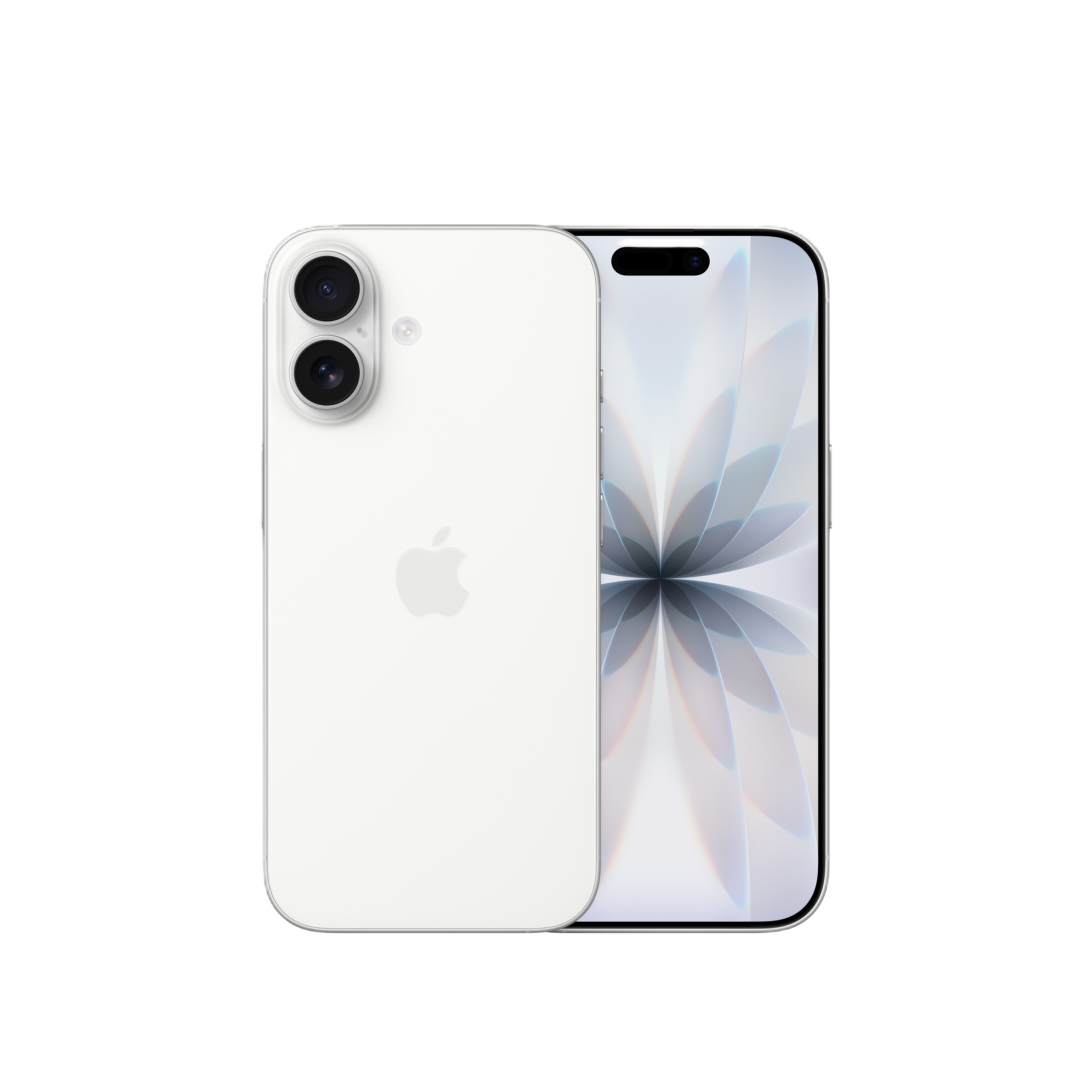 Weißes iPhone-Modell. Die Rückseite zeigt das Apple-Logo. Der Bildschirm zeigt ein buntes abstraktes Design. Duale Kameras.