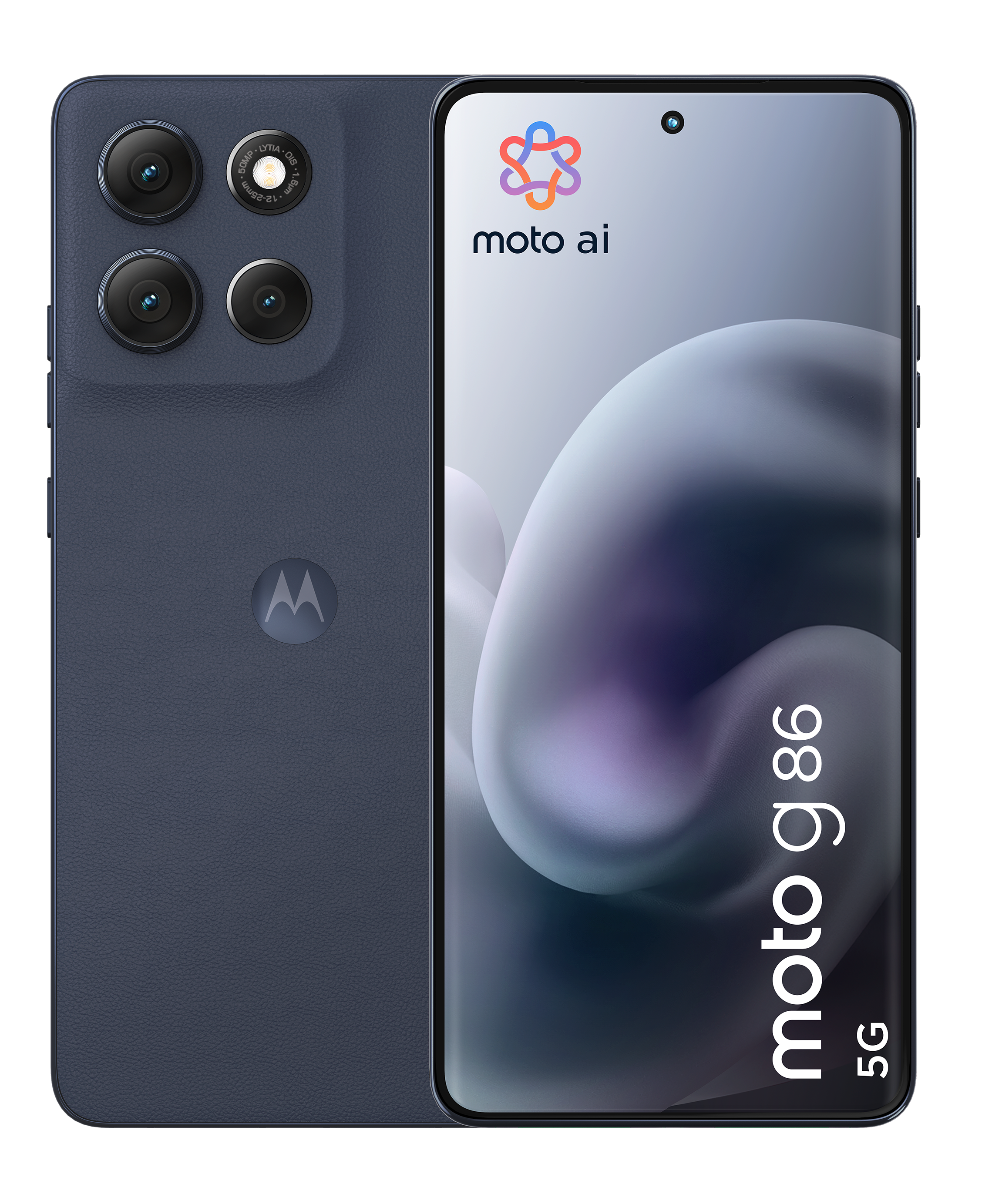 Motorola Moto g86 5G Handy, marineblauer Rücken mit Kameras, Front mit Moto AI Logo und Bildschirm.
