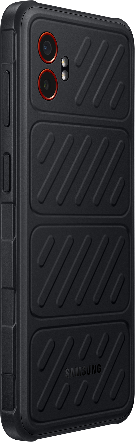 Schwarze Handyhülle mit strukturierten rechteckigen Abschnitten. Rote Kameraringe, Samsung Logo.