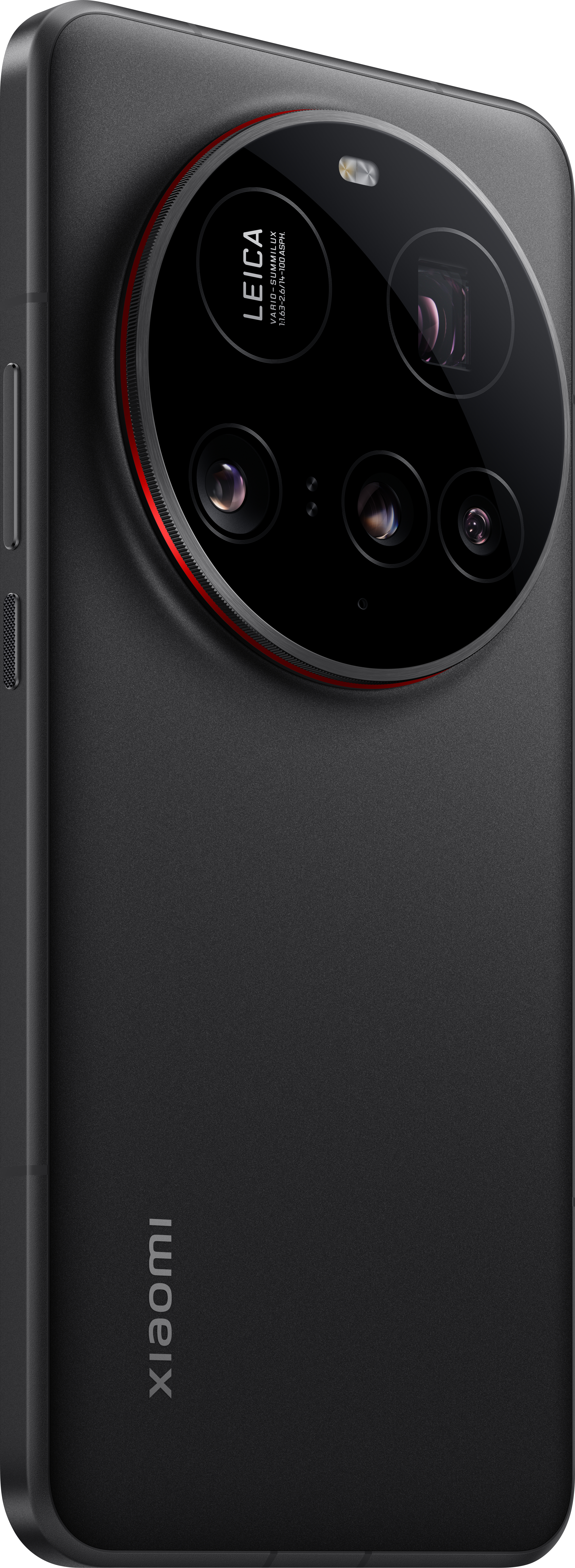 Schwarzes Smartphone Rückansicht, mehrere Objektive, Leica-Logo, rotes Detail.