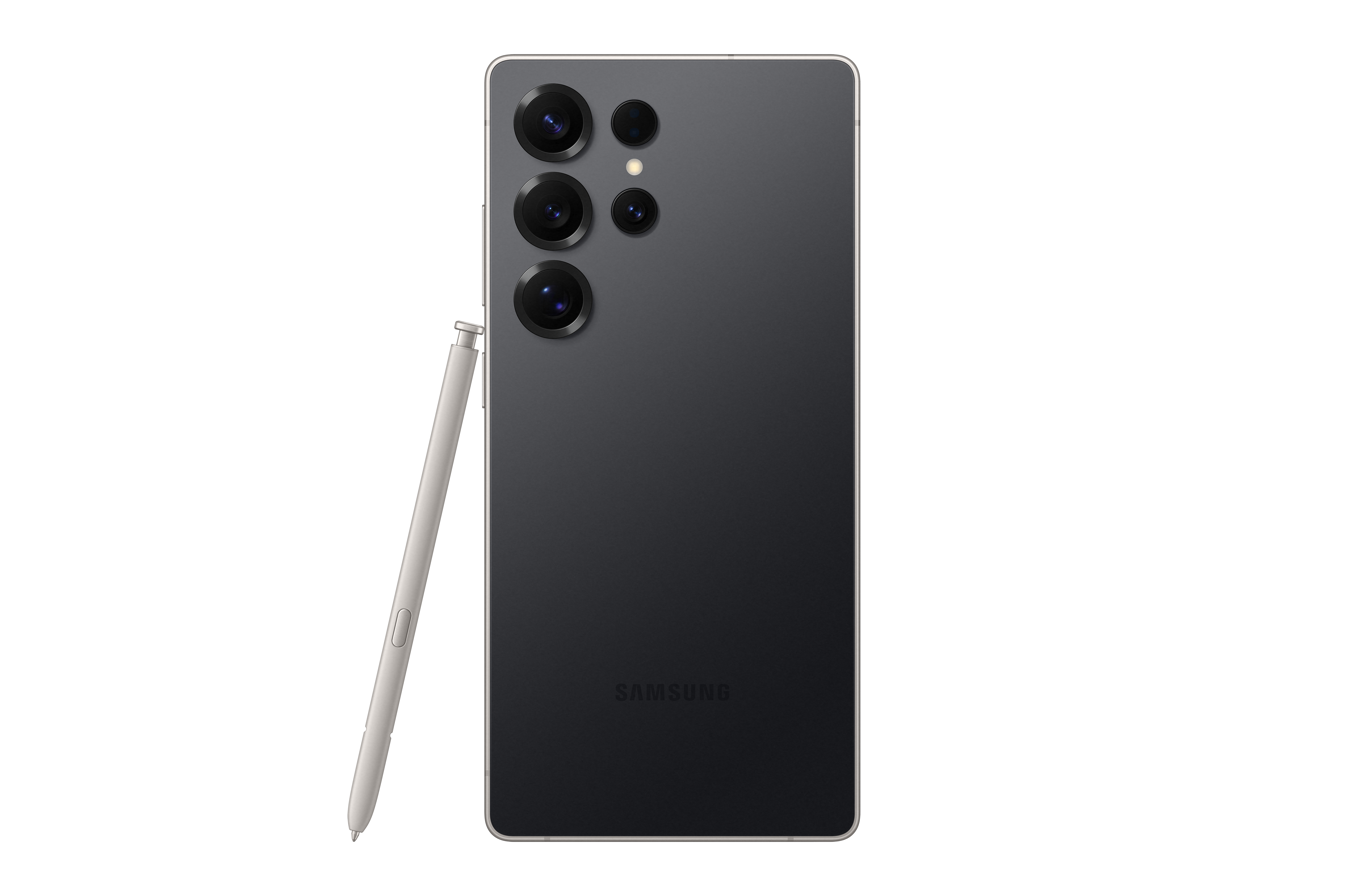Dunkelgraue Telefonrückseite mit Kameras und Stift, Samsung-Logo, schwarzer Hintergrund.