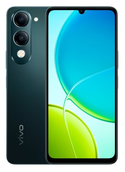 Grünes Smartphone mit Dreifachkamera und blaugrünem Display. Vivo-Logo sichtbar.