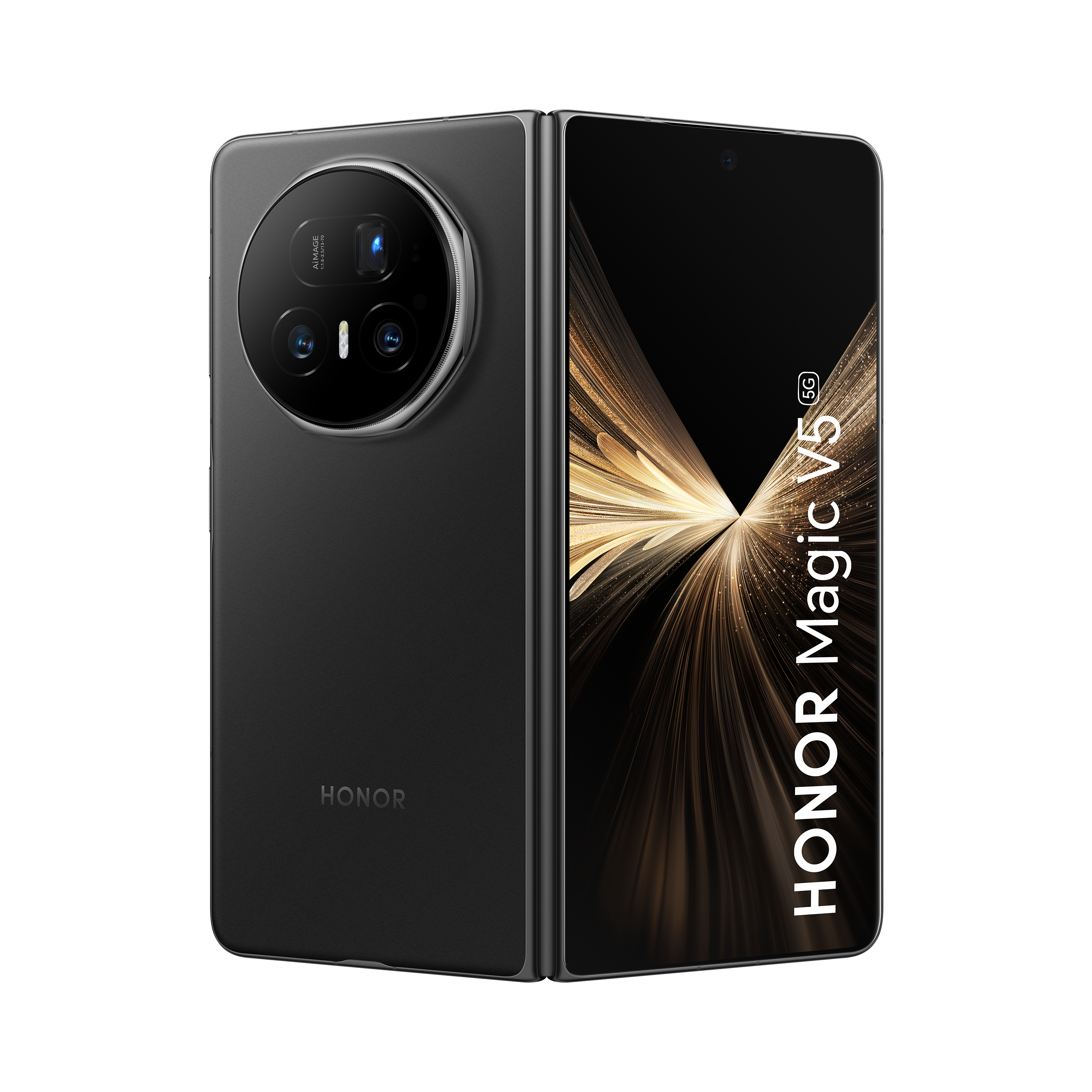 Schwarzes Honor Magic V5 5G-Telefon, aufgeklappt. Die Rückseite hat eine kreisförmige Kameraanordnung. Der Bildschirm zeigt ein goldenes Lichtdesign.