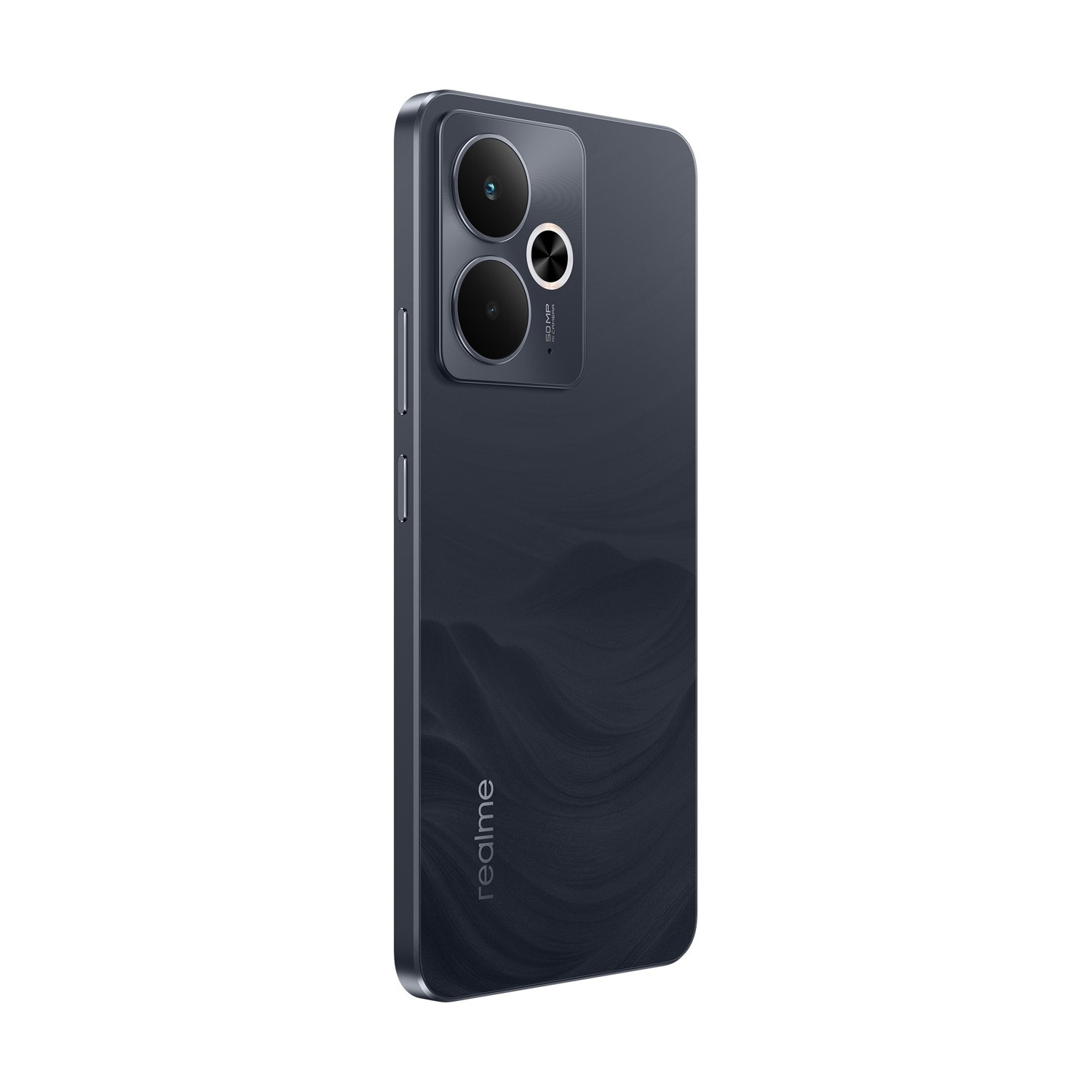 Rückansicht eines dunkelblauen Realme-Telefons mit Dual-Kameras.