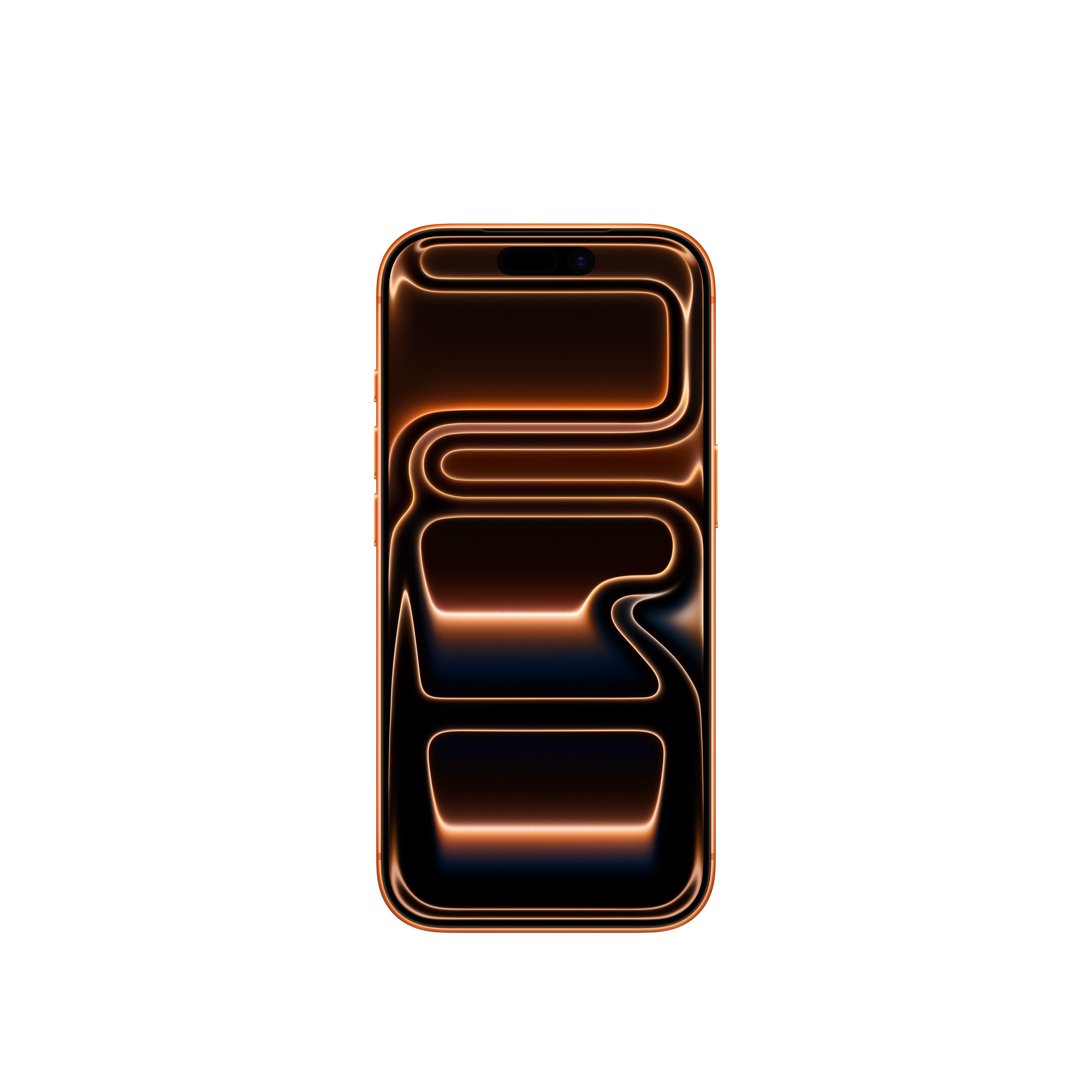 Ein orangefarbenes, leuchtendes Telefon auf weißem Hintergrund. Sein Bildschirm zeigt ein dunkles Design mit orangefarbenen Highlights.