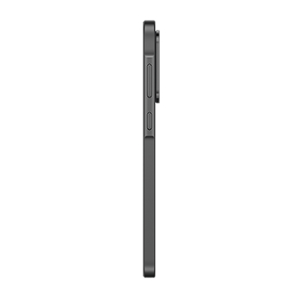 Seitenansicht eines schwarzen Smartphones mit sichtbaren Lautstärke- und Ein-/Aus-Tasten.