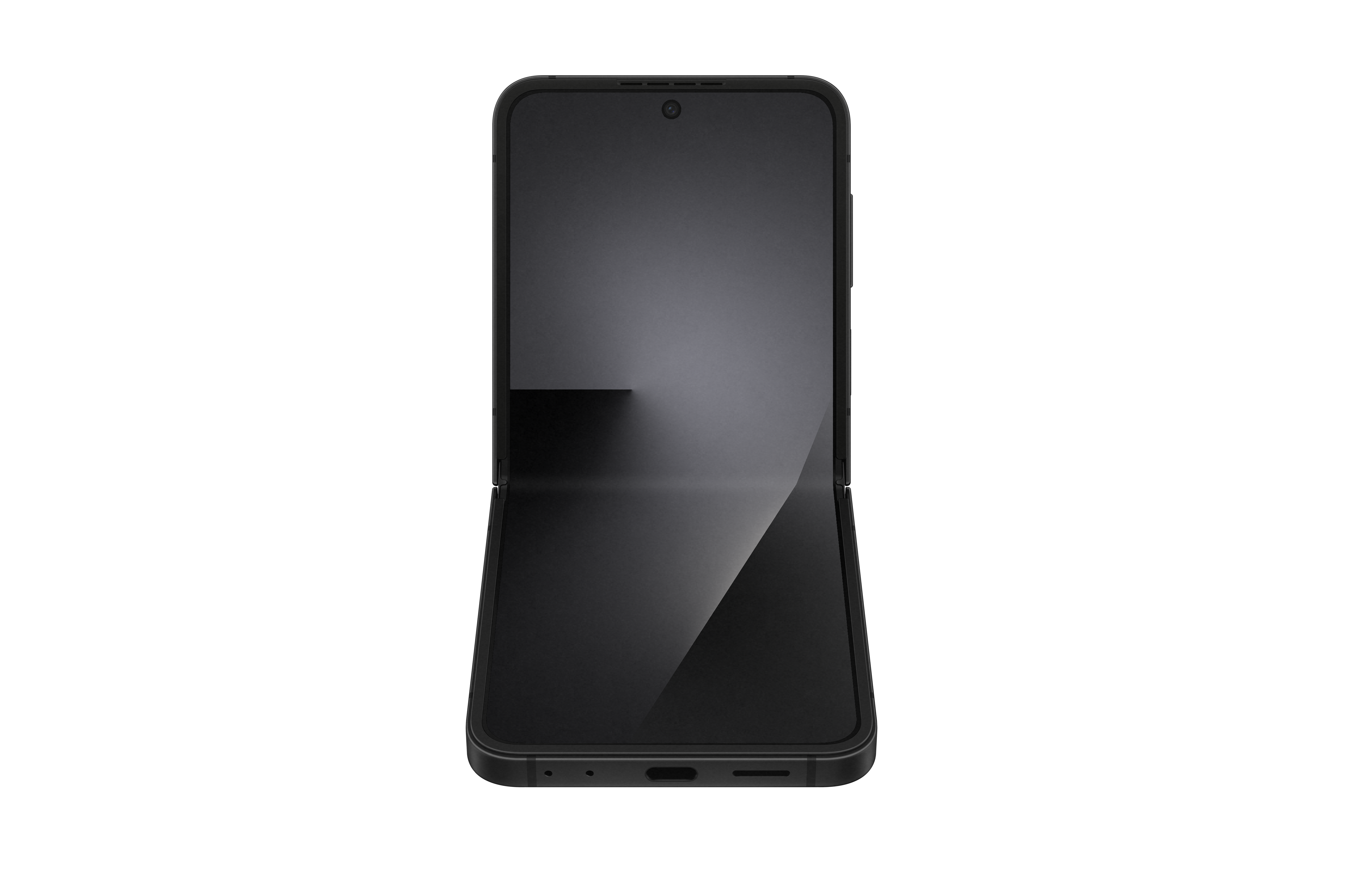 Ein schwarzes, faltbares Smartphone ist geöffnet und zeigt sein Inneres. Der Bildschirm ist dunkel, oben ist eine Kamera.